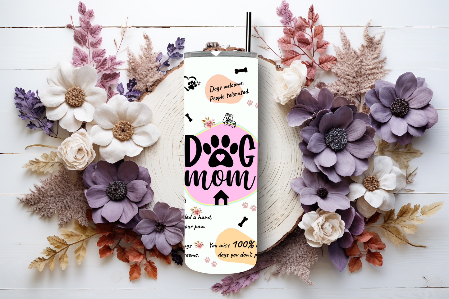 20oz stainless steel tumbler with a cute ‘Dog Mom’ design, sized for Starbucks Venti drinks. Features playful dog-themed quotes and paw prints with double-wall insulation to keep beverages hot for up to 6 hours and cold for up to 12 hours. Comes with a spill-resistant lid and straw. Eco-friendly and reusable. Actual product color may vary from the images shown.