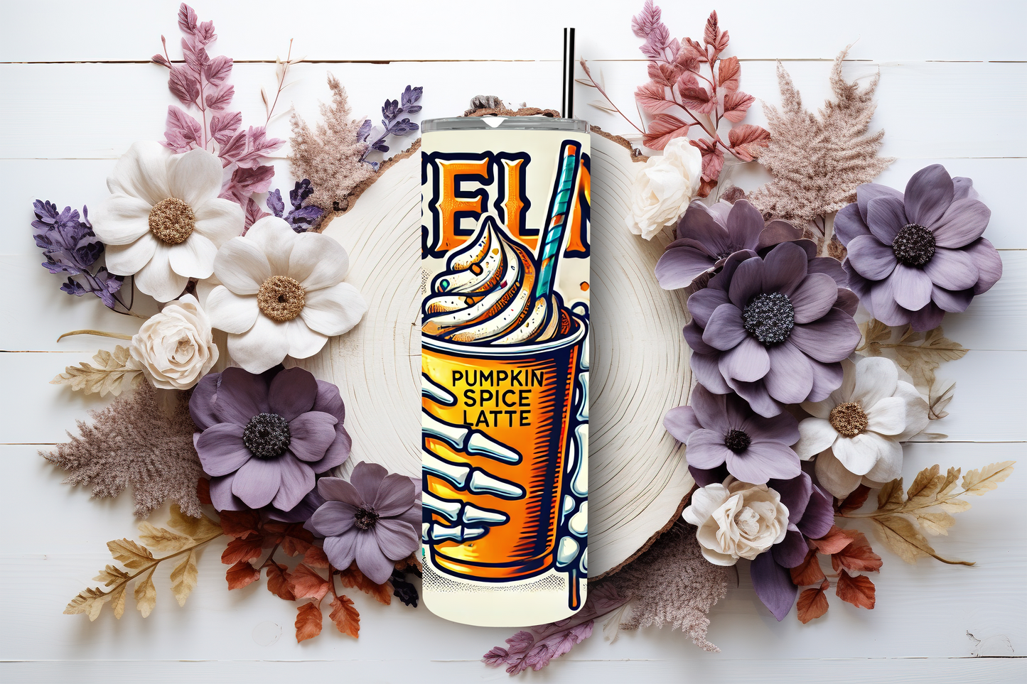 20oz stainless steel tumbler featuring a vibrant ‘Feeling Pumpkin Spice’ design with a skeleton hand holding a pumpkin spice latte. Sized for Starbucks Venti drinks, it offers double-wall insulation to keep beverages hot for up to 6 hours and cold for up to 12 hours. Comes with a spill-resistant lid and straw. Eco-friendly and reusable. Actual product color may vary from the images shown.