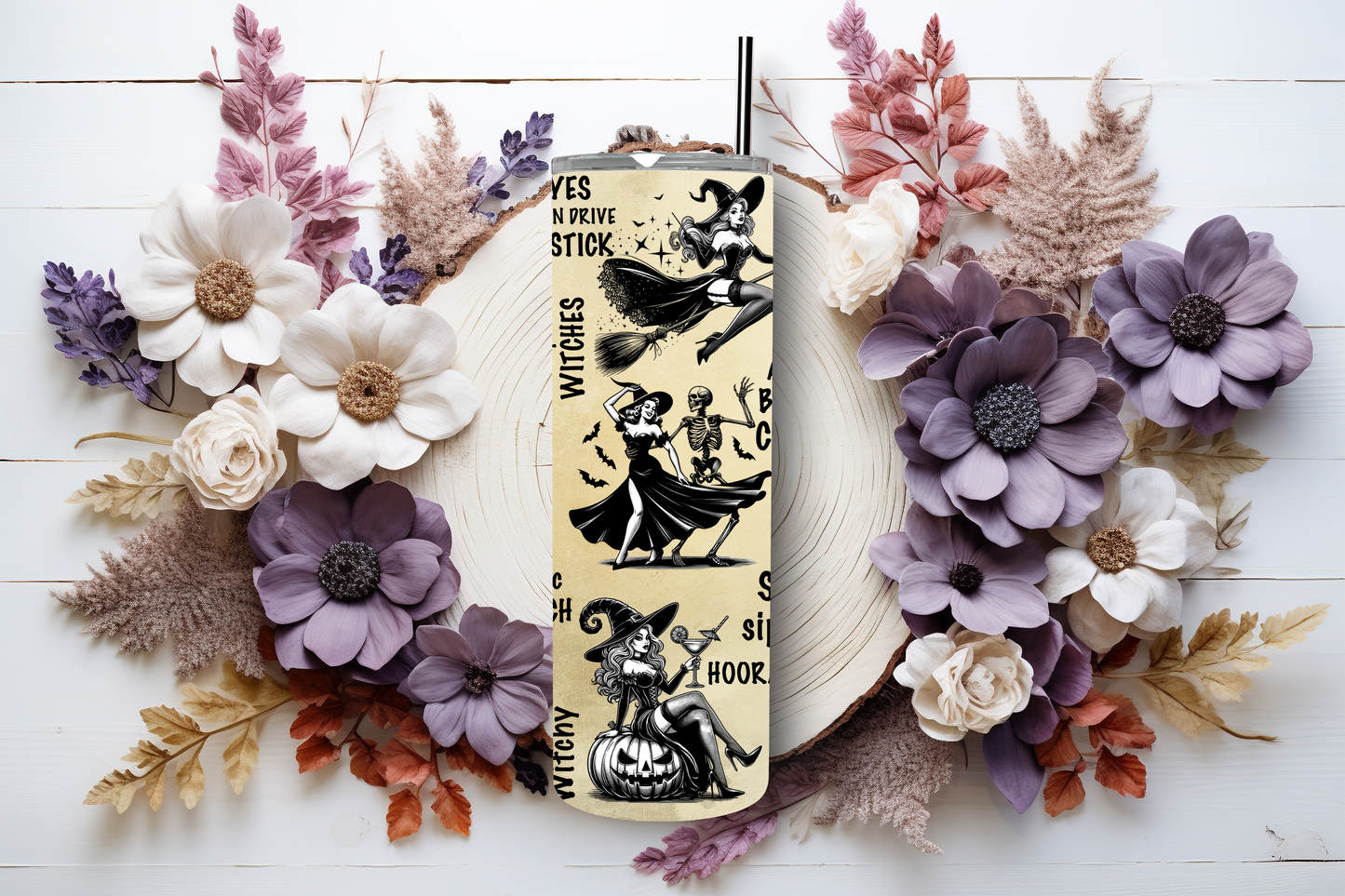 20oz stainless steel tumbler featuring a fun ‘Witchy Vibes’ design with playful witch illustrations and Halloween-themed quotes. Sized for Starbucks Venti drinks, it offers double-wall insulation to keep beverages hot for up to 6 hours and cold for up to 12 hours. Comes with a spill-resistant lid and straw. Eco-friendly and reusable. Actual product color may vary from the images shown.