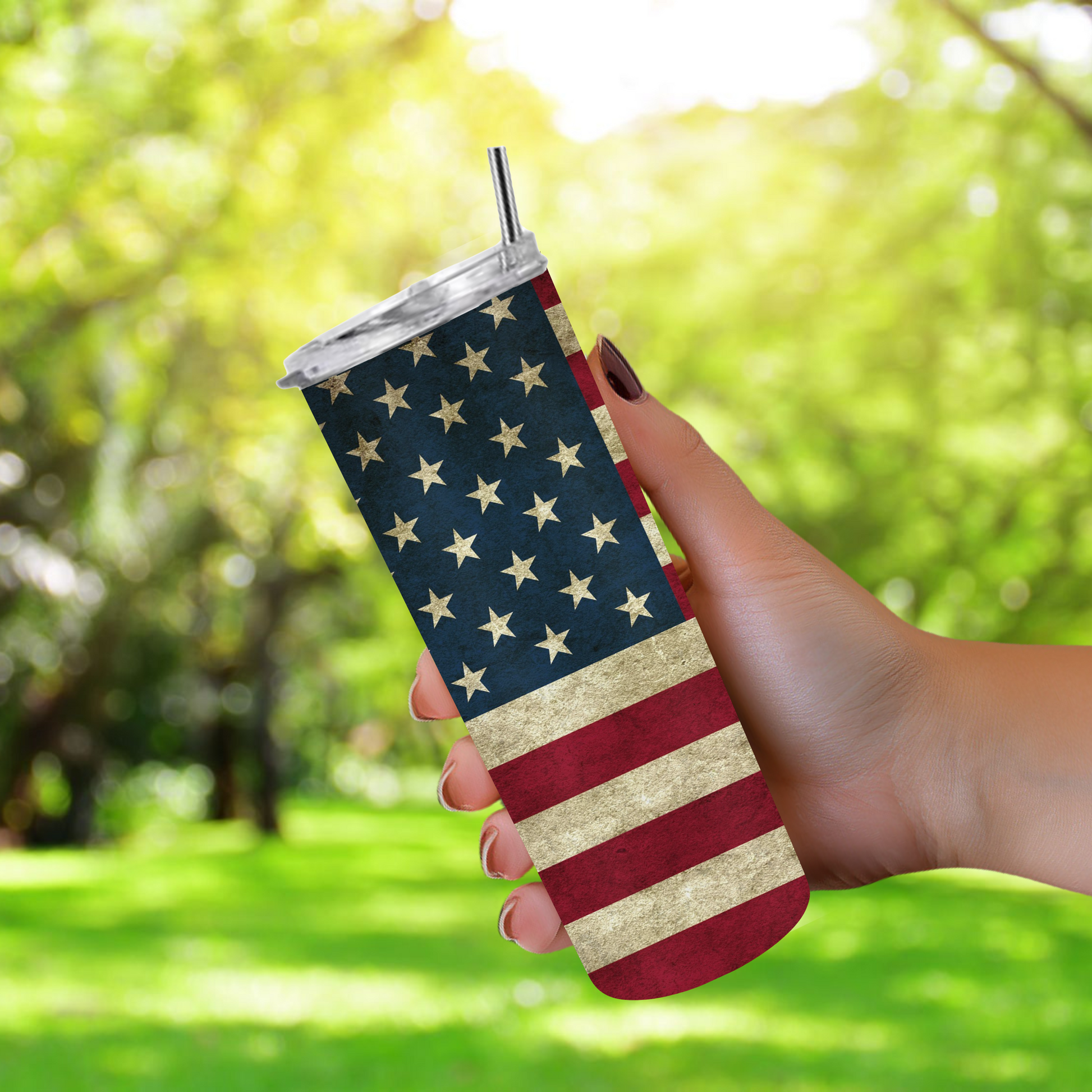 20oz stainless steel tumbler with a vintage American Flag design, perfectly sized for Starbucks Venti drinks. Features double-wall insulation to keep beverages hot for up to 6 hours and cold for up to 12 hours. Includes a spill-resistant lid and straw, ideal for travel. Eco-friendly, reusable, and easy to clean. Actual product color may vary from the images shown.