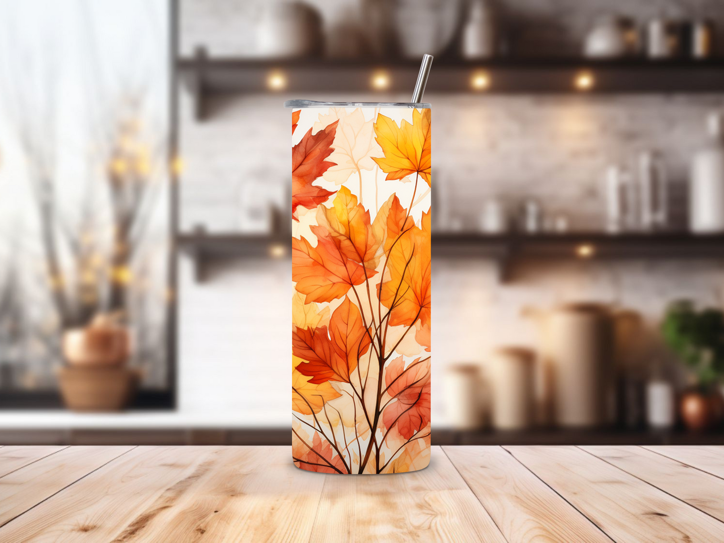 20oz stainless steel tumbler with a vibrant autumn leaves design, sized for Starbucks Venti drinks. Features double-wall insulation that keeps beverages hot for up to 6 hours and cold for up to 12 hours. Comes with a spill-resistant lid and straw, perfect for eco-friendly, reusable travel. Actual product color may vary from the images shown.