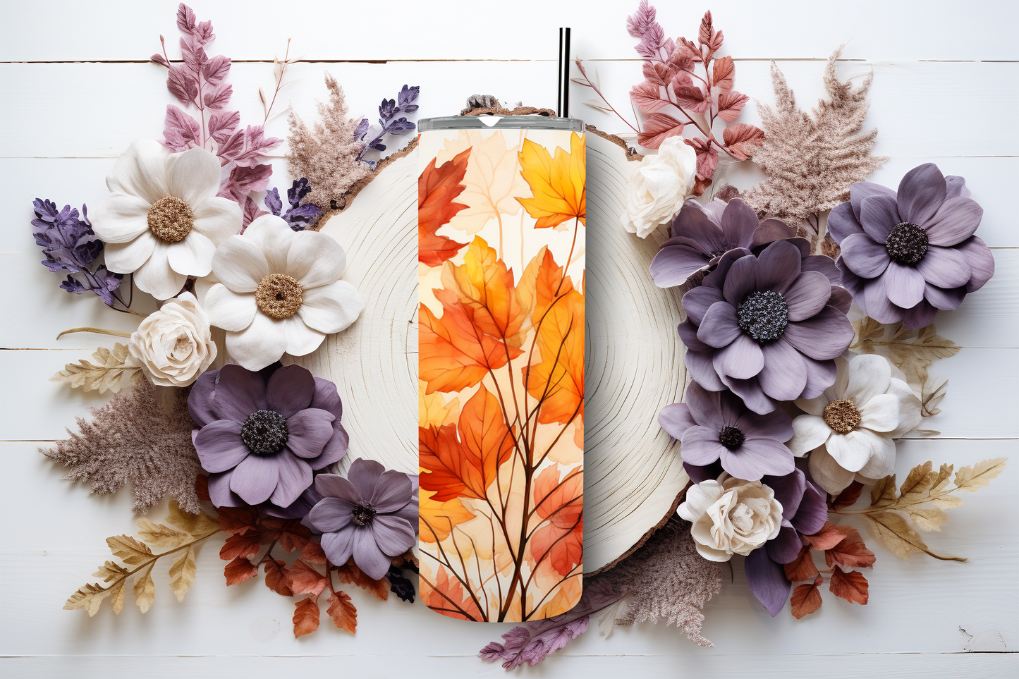 20oz stainless steel tumbler with a vibrant autumn leaves design, sized for Starbucks Venti drinks. Features double-wall insulation that keeps beverages hot for up to 6 hours and cold for up to 12 hours. Comes with a spill-resistant lid and straw, perfect for eco-friendly, reusable travel. Actual product color may vary from the images shown.
