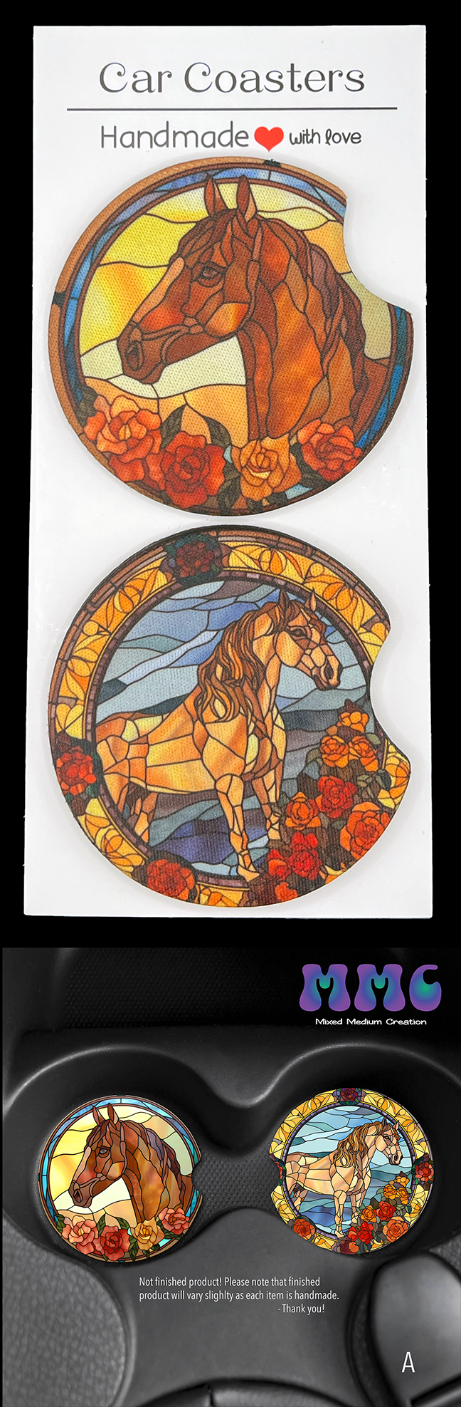 Stained Glass Horses Car Cup Coasters [Pair]