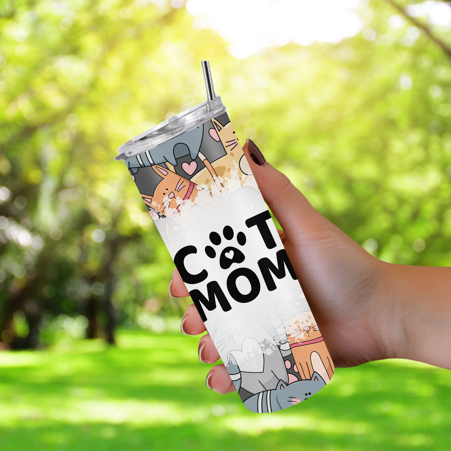 20oz stainless steel tumbler with a cute ‘Cat Mom’ design, sized for Starbucks Venti drinks. Features playful cat illustrations and double-wall insulation to keep beverages hot for up to 6 hours and cold for up to 12 hours. Comes with a spill-resistant lid and straw. Eco-friendly and reusable. Actual product color may vary from the images shown.