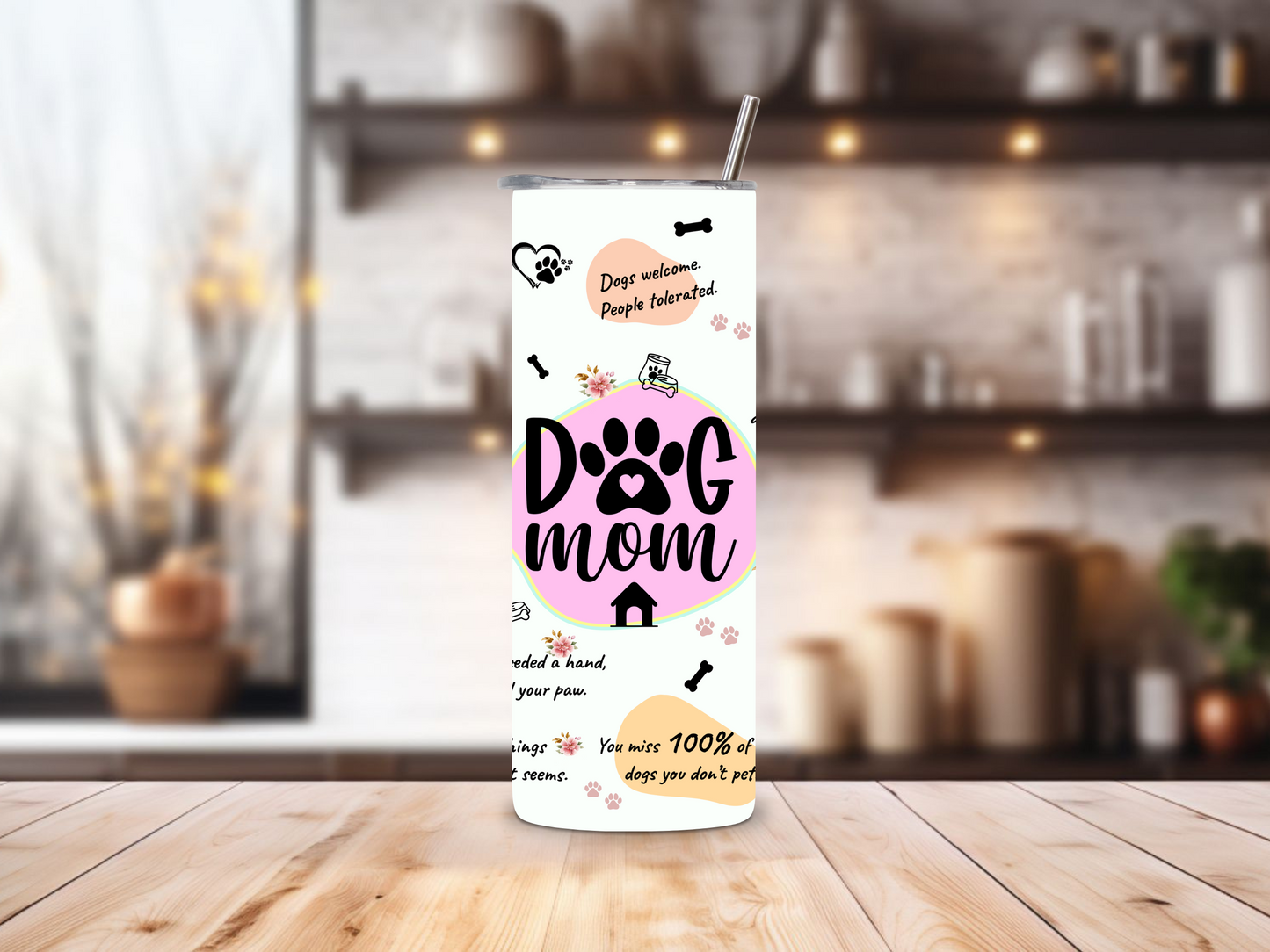 20oz stainless steel tumbler with a cute ‘Dog Mom’ design, sized for Starbucks Venti drinks. Features playful dog-themed quotes and paw prints with double-wall insulation to keep beverages hot for up to 6 hours and cold for up to 12 hours. Comes with a spill-resistant lid and straw. Eco-friendly and reusable. Actual product color may vary from the images shown.
