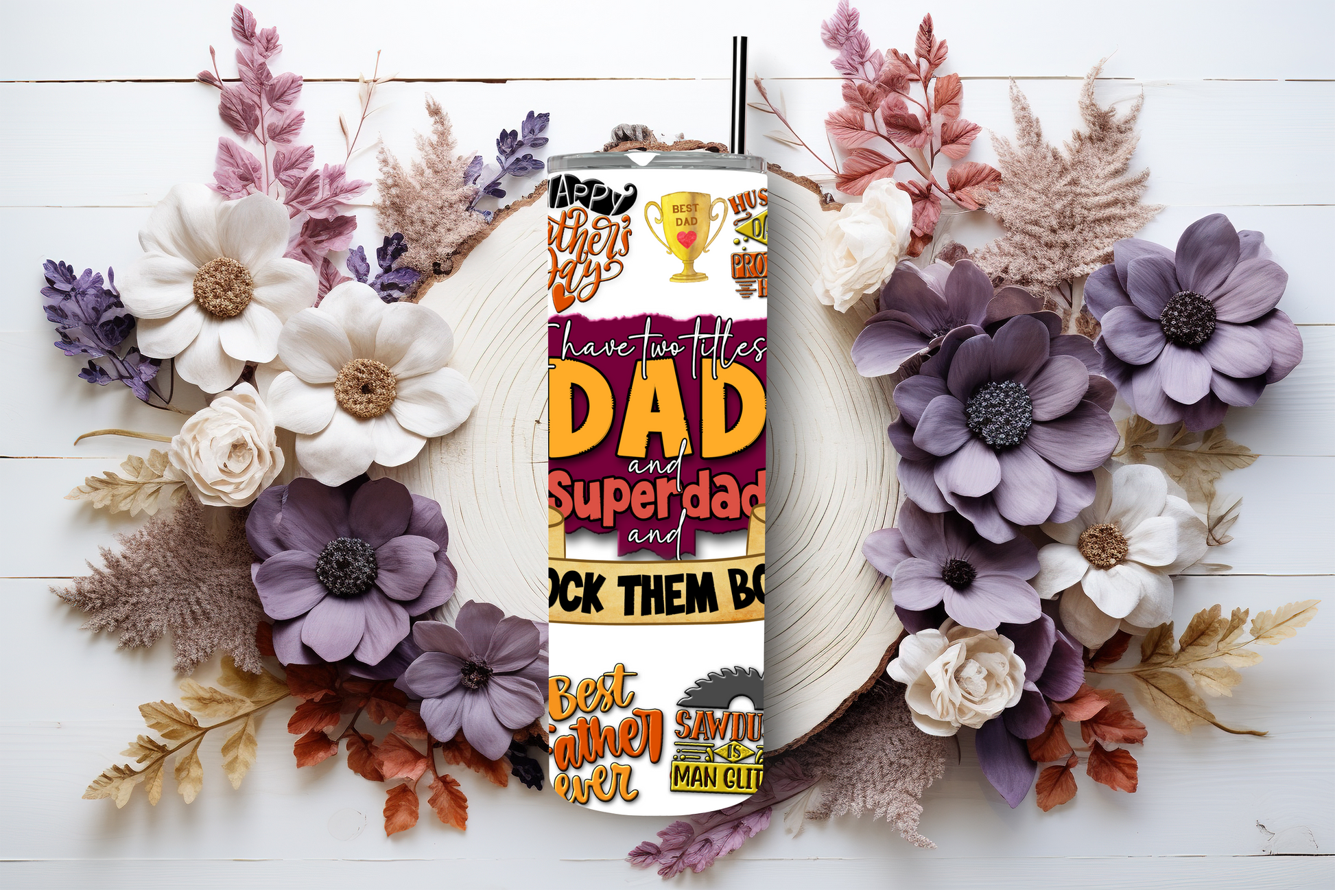 20oz stainless steel tumbler with a fun Father’s Day design, sized for Starbucks Venti drinks. Features playful dad-themed quotes and illustrations with double-wall insulation to keep beverages hot for up to 6 hours and cold for up to 12 hours. Comes with a spill-resistant lid and straw. Eco-friendly and reusable. Actual product color may vary from the images shown.