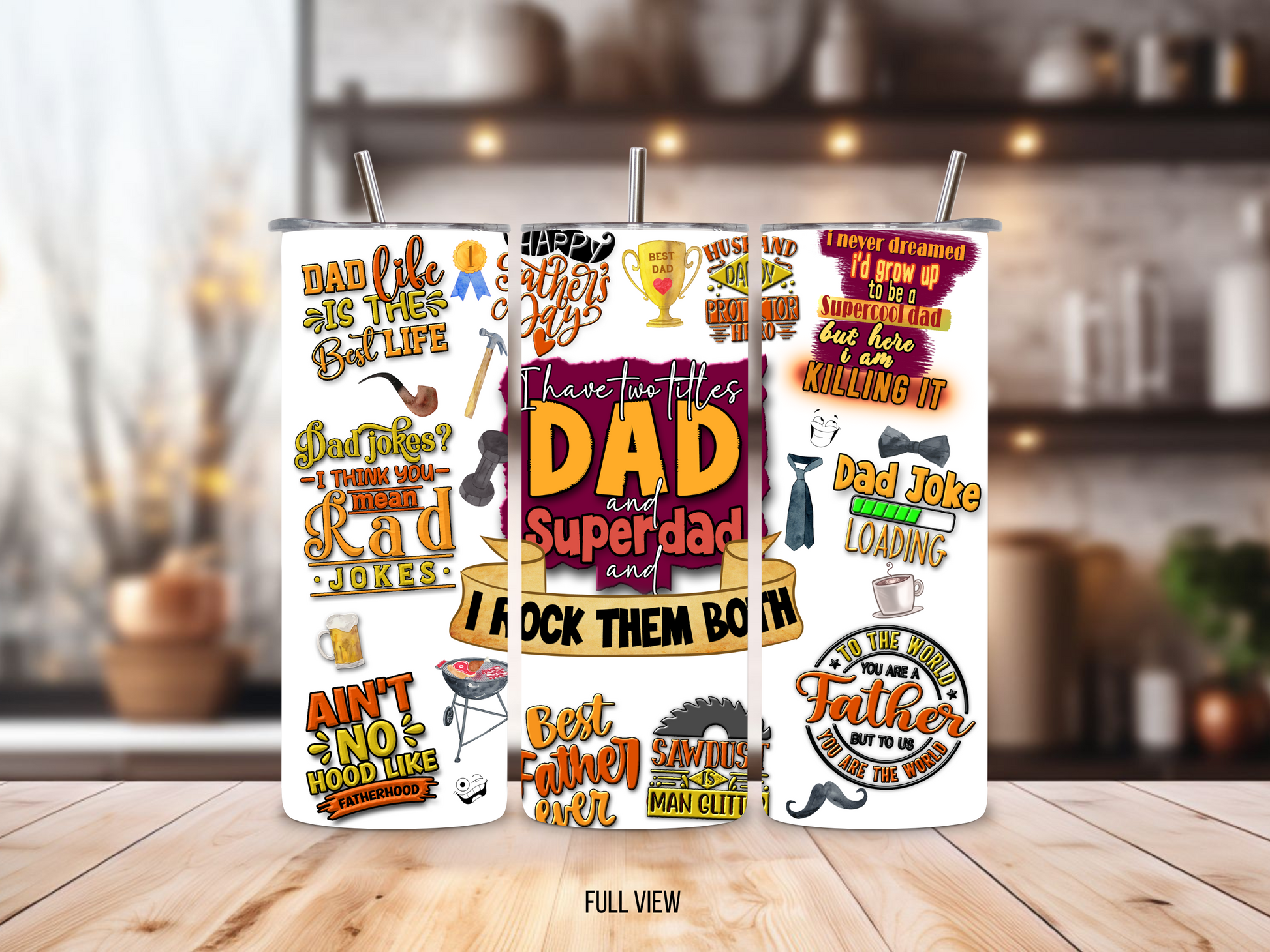 20oz stainless steel tumbler with a fun Father’s Day design, sized for Starbucks Venti drinks. Features playful dad-themed quotes and illustrations with double-wall insulation to keep beverages hot for up to 6 hours and cold for up to 12 hours. Comes with a spill-resistant lid and straw. Eco-friendly and reusable. Actual product color may vary from the images shown.