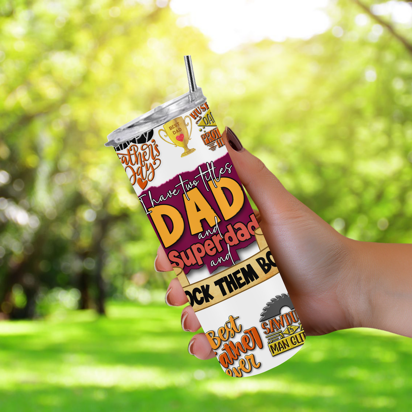 20oz stainless steel tumbler with a fun Father’s Day design, sized for Starbucks Venti drinks. Features playful dad-themed quotes and illustrations with double-wall insulation to keep beverages hot for up to 6 hours and cold for up to 12 hours. Comes with a spill-resistant lid and straw. Eco-friendly and reusable. Actual product color may vary from the images shown.