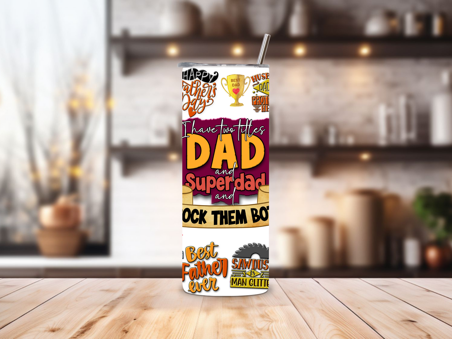 20oz stainless steel tumbler with a fun Father’s Day design, sized for Starbucks Venti drinks. Features playful dad-themed quotes and illustrations with double-wall insulation to keep beverages hot for up to 6 hours and cold for up to 12 hours. Comes with a spill-resistant lid and straw. Eco-friendly and reusable. Actual product color may vary from the images shown.