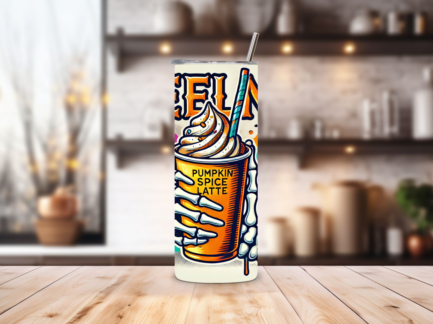 20oz stainless steel tumbler featuring a vibrant ‘Feeling Pumpkin Spice’ design with a skeleton hand holding a pumpkin spice latte. Sized for Starbucks Venti drinks, it offers double-wall insulation to keep beverages hot for up to 6 hours and cold for up to 12 hours. Comes with a spill-resistant lid and straw. Eco-friendly and reusable. Actual product color may vary from the images shown.