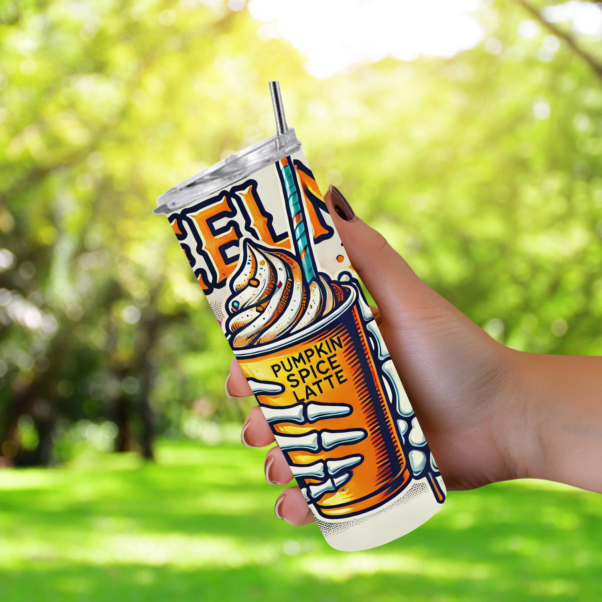 20oz stainless steel tumbler featuring a vibrant ‘Feeling Pumpkin Spice’ design with a skeleton hand holding a pumpkin spice latte. Sized for Starbucks Venti drinks, it offers double-wall insulation to keep beverages hot for up to 6 hours and cold for up to 12 hours. Comes with a spill-resistant lid and straw. Eco-friendly and reusable. Actual product color may vary from the images shown.