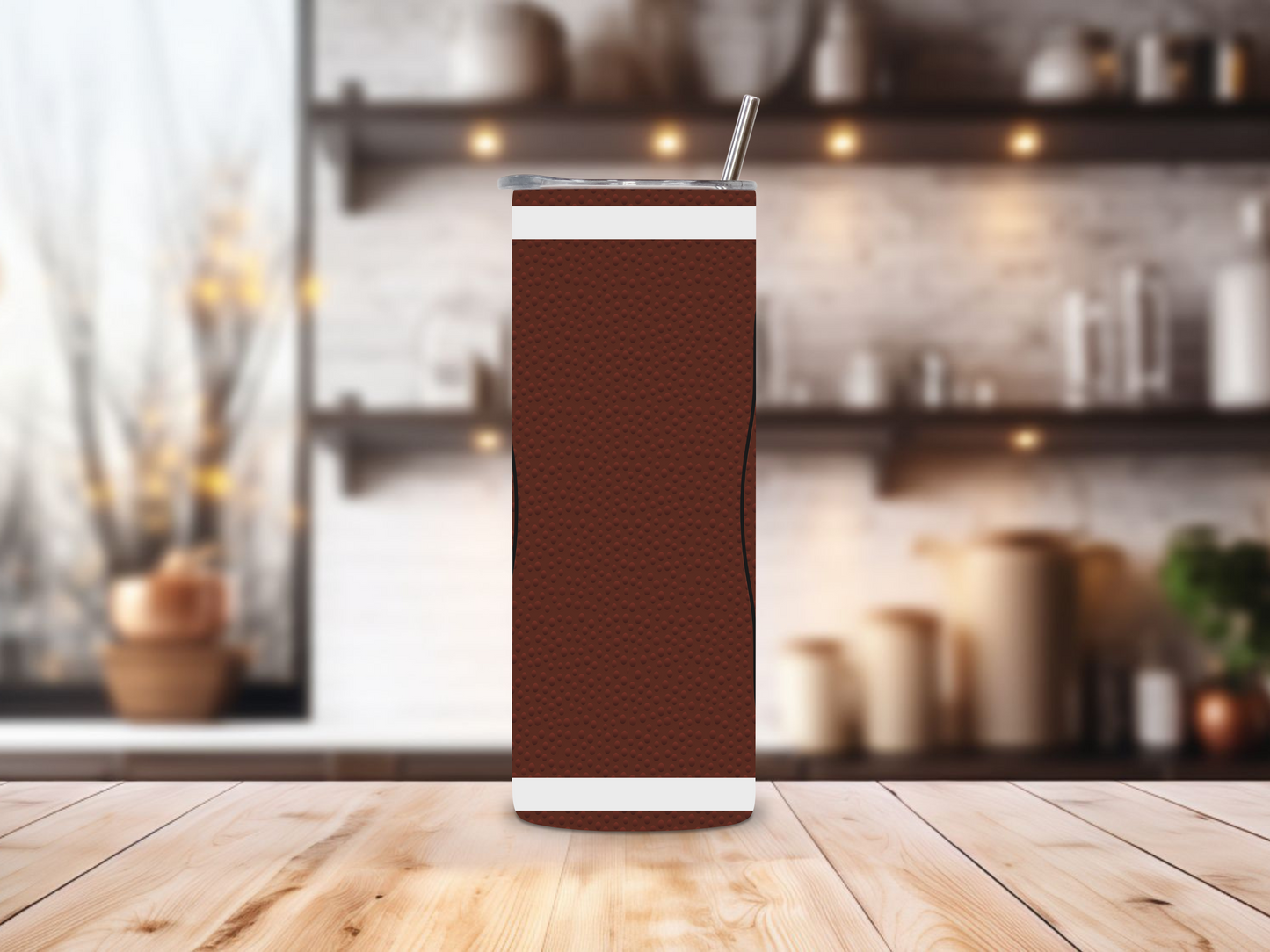 20oz stainless steel tumbler with a classic football design, sized for Starbucks Venti drinks. Features double-wall insulation to keep beverages hot for up to 6 hours and cold for up to 12 hours. Includes a spill-resistant lid and straw, perfect for eco-friendly, reusable use. Actual product color may vary from the images shown.