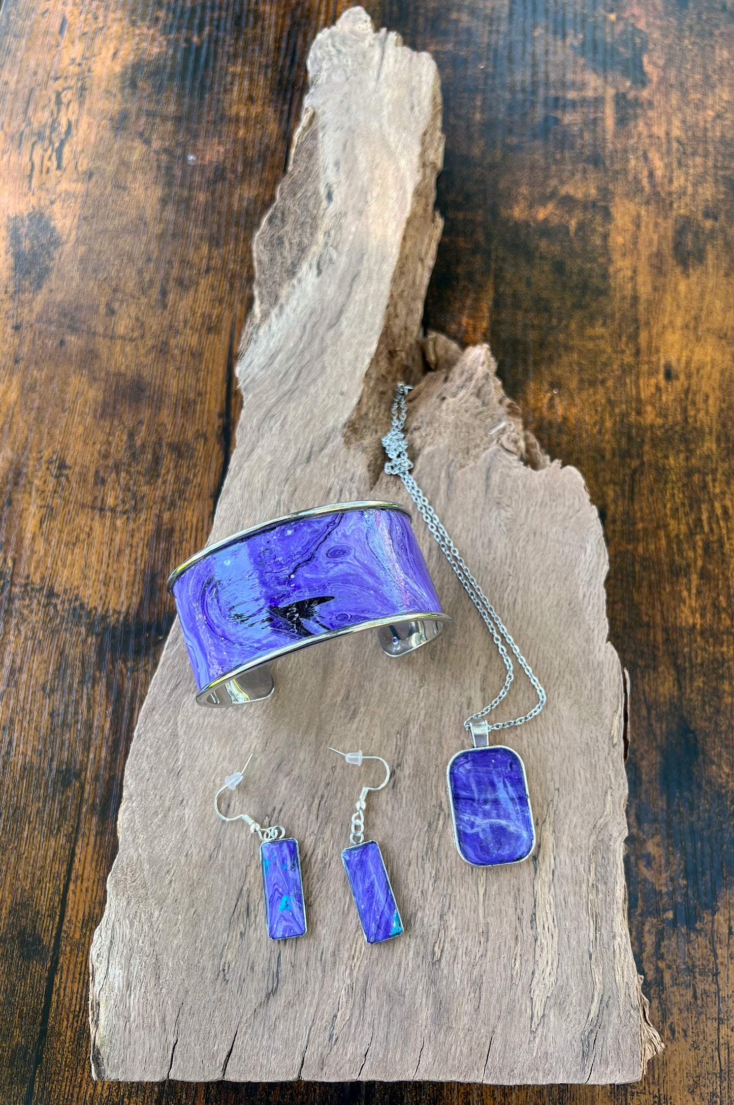 Handcrafted Acrylic and Alcohol Ink Art Jewelry Set - Stainless Steel Earrings, Adjustable Cuff Bracelet, and Pendant - Abstract Purple Swirl Design