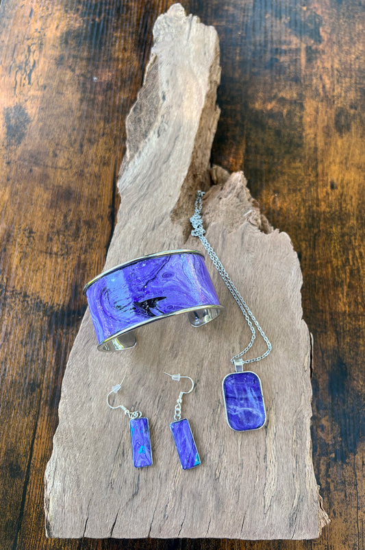 Handcrafted Acrylic and Alcohol Ink Art Jewelry Set - Stainless Steel Earrings, Adjustable Cuff Bracelet, and Pendant - Abstract Purple Swirl Design