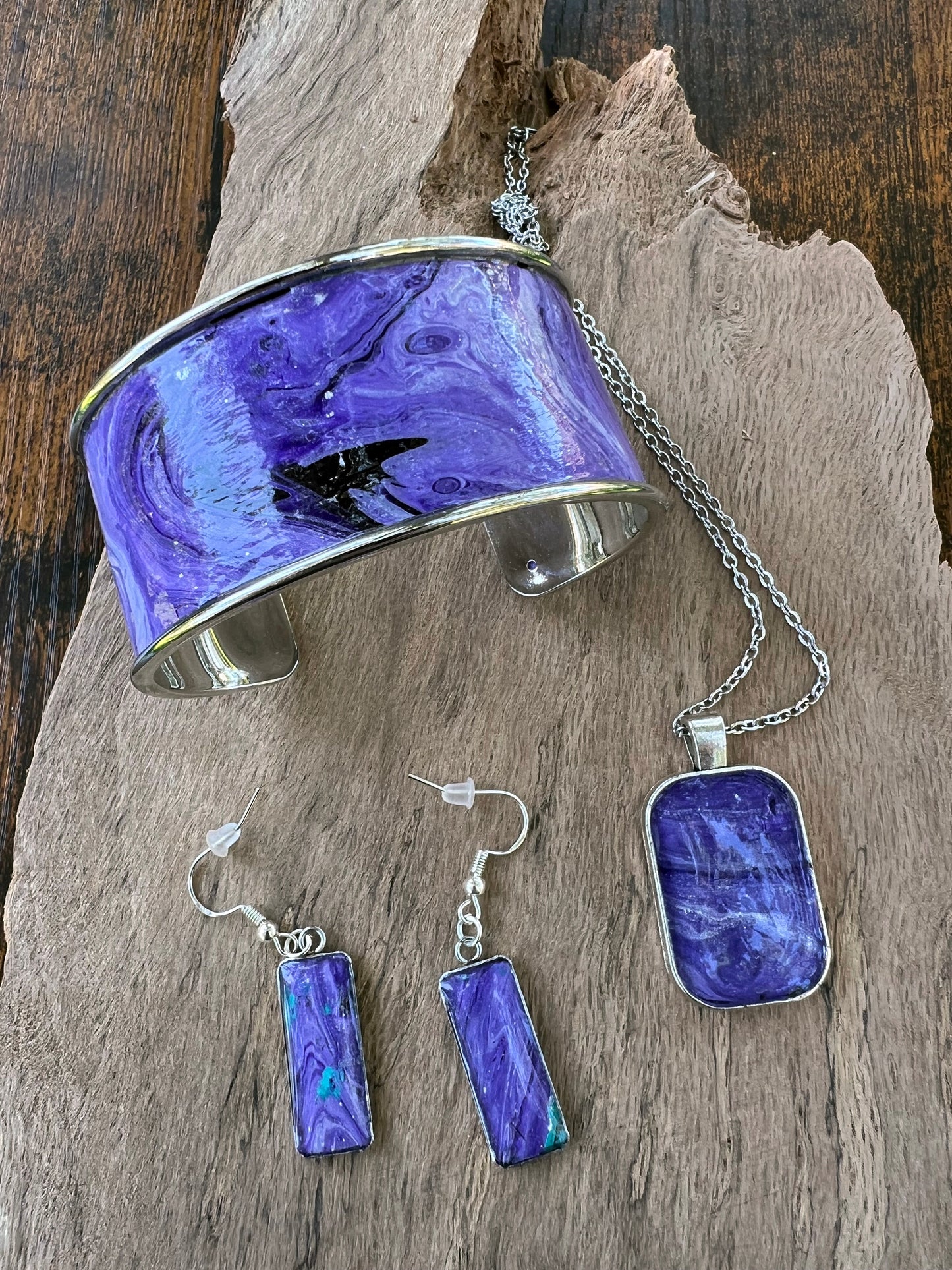 Handcrafted Acrylic and Alcohol Ink Art Jewelry Set - Stainless Steel Earrings, Adjustable Cuff Bracelet, and Pendant - Abstract Purple Swirl Design