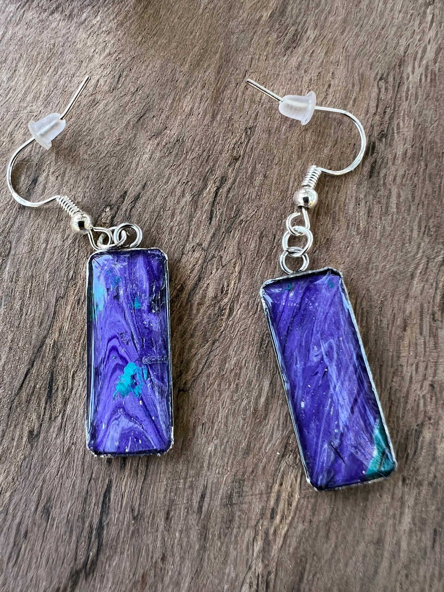 Handcrafted Acrylic and Alcohol Ink Art Jewelry Set - Stainless Steel Earrings, Adjustable Cuff Bracelet, and Pendant - Abstract Purple Swirl Design