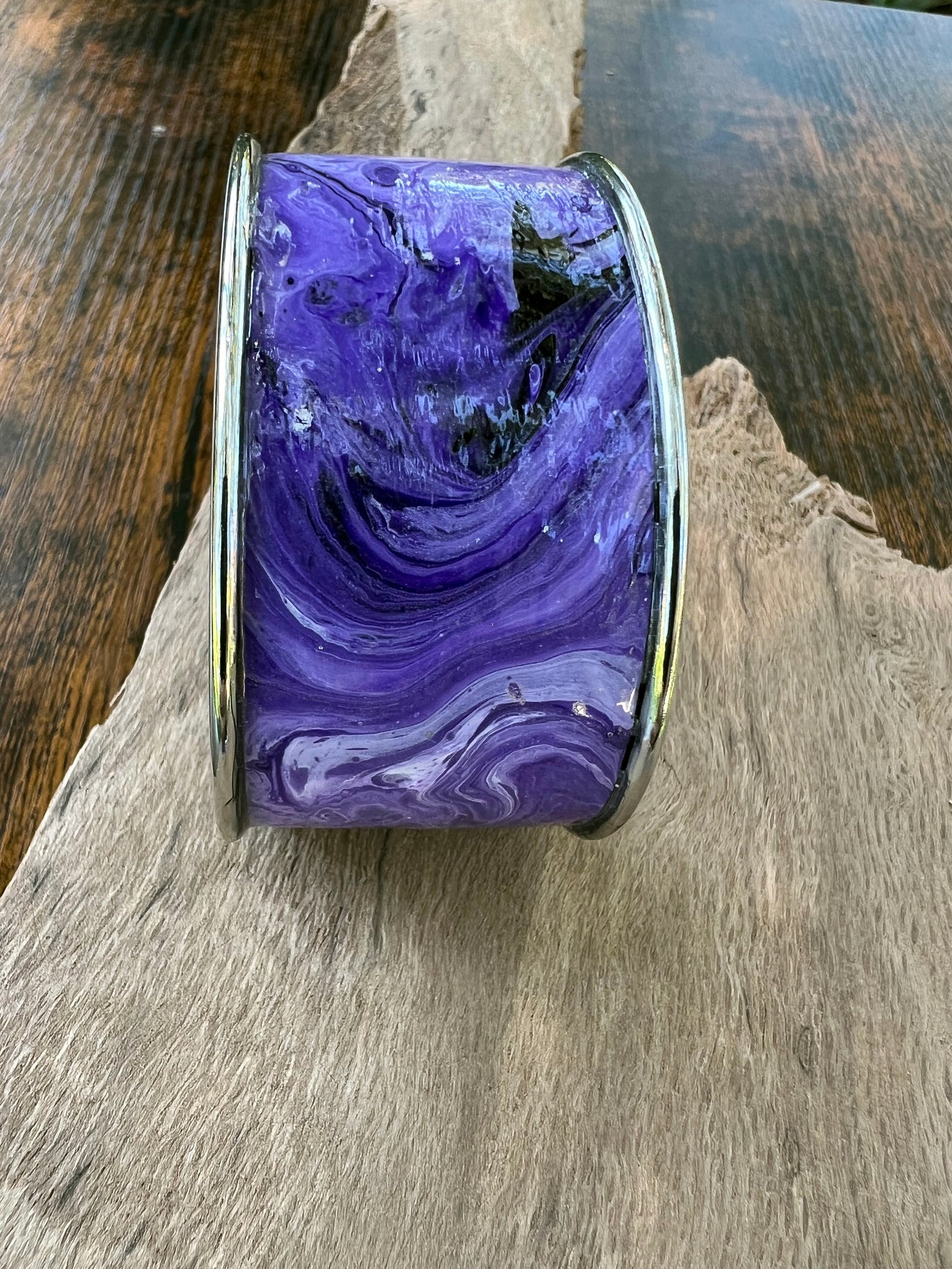 Handcrafted Acrylic and Alcohol Ink Art Jewelry Set - Stainless Steel Earrings, Adjustable Cuff Bracelet, and Pendant - Abstract Purple Swirl Design