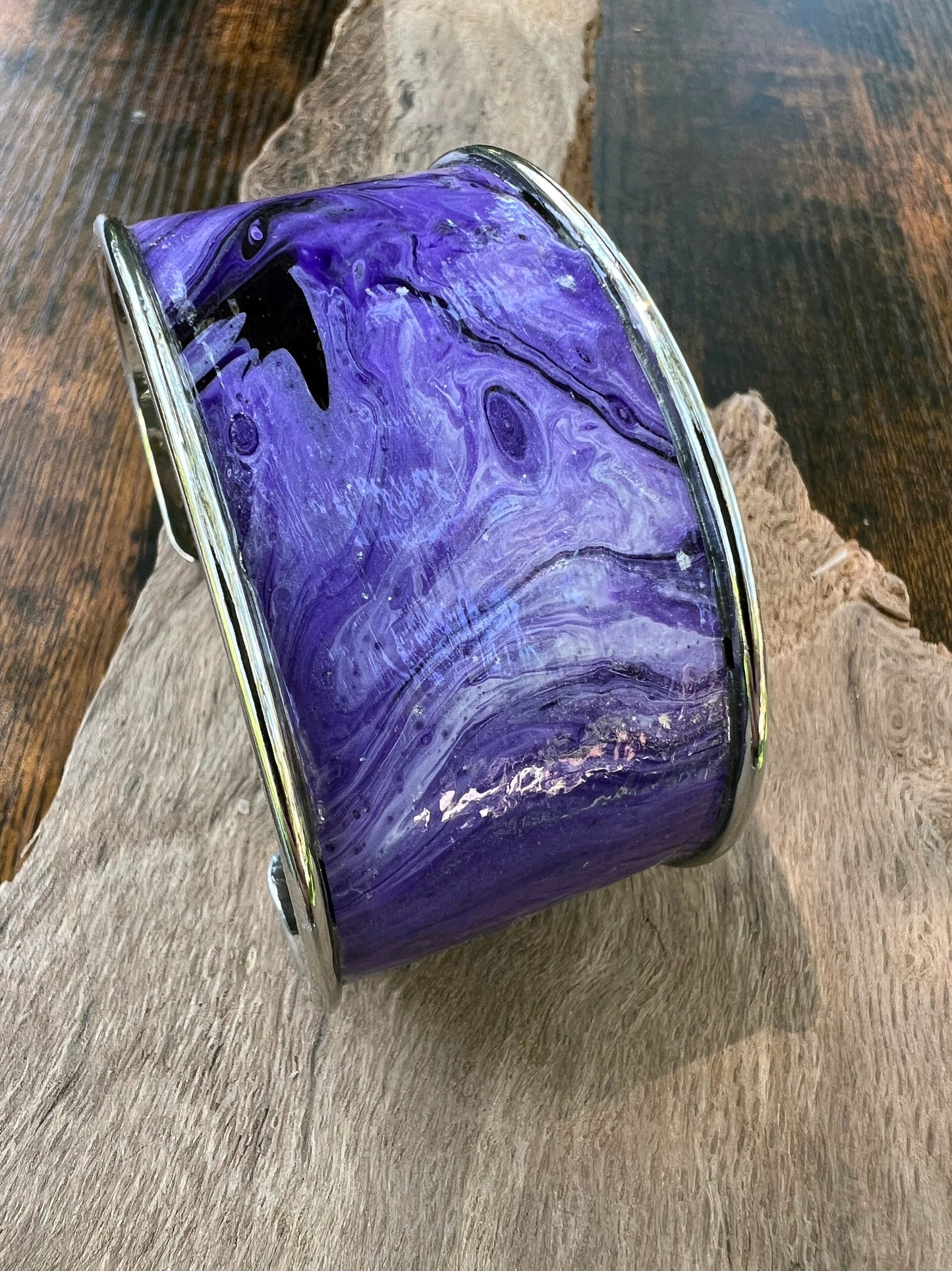 Handcrafted Acrylic and Alcohol Ink Art Jewelry Set - Stainless Steel Earrings, Adjustable Cuff Bracelet, and Pendant - Abstract Purple Swirl Design