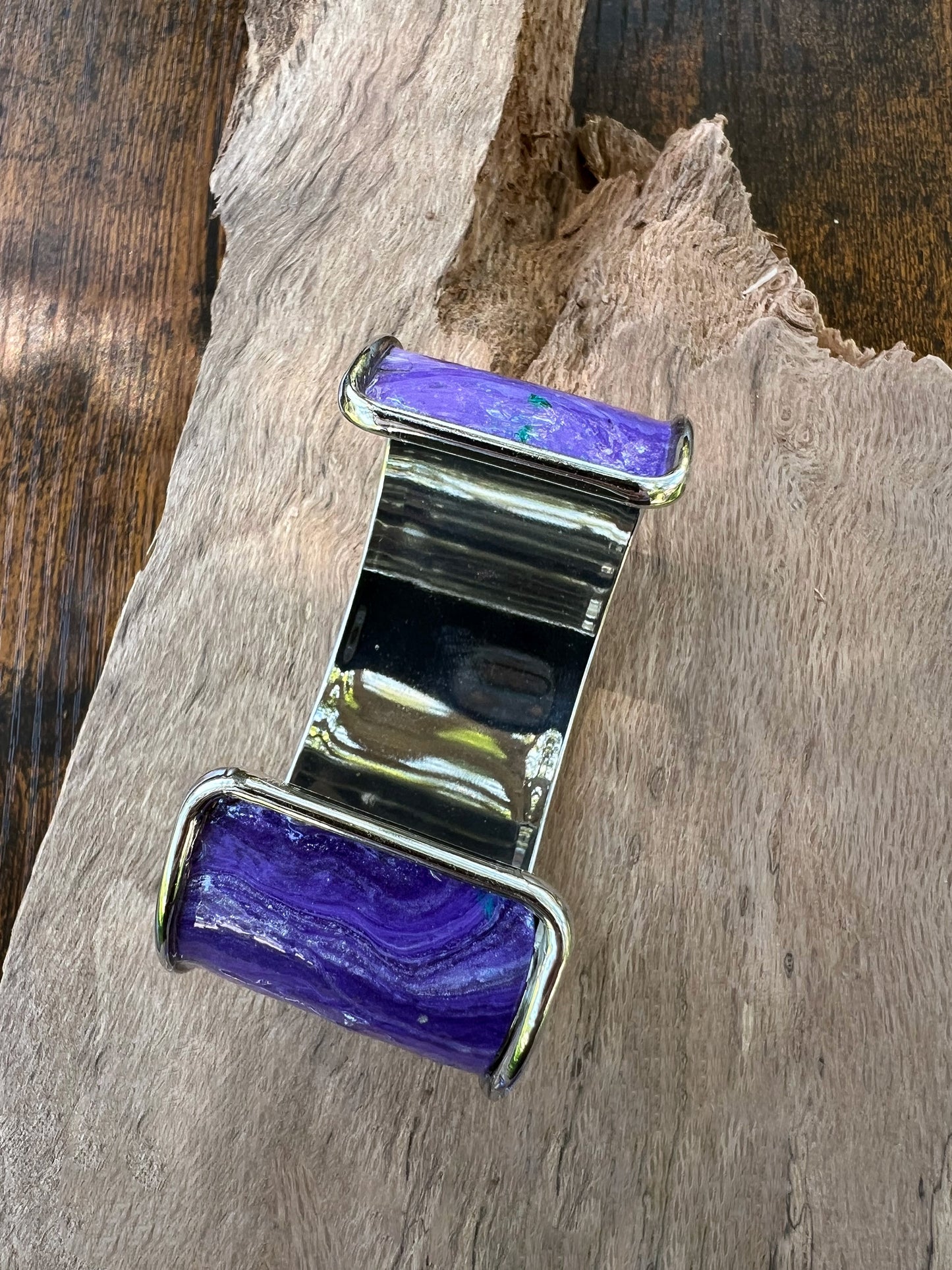 Handcrafted Acrylic and Alcohol Ink Art Jewelry Set - Stainless Steel Earrings, Adjustable Cuff Bracelet, and Pendant - Abstract Purple Swirl Design