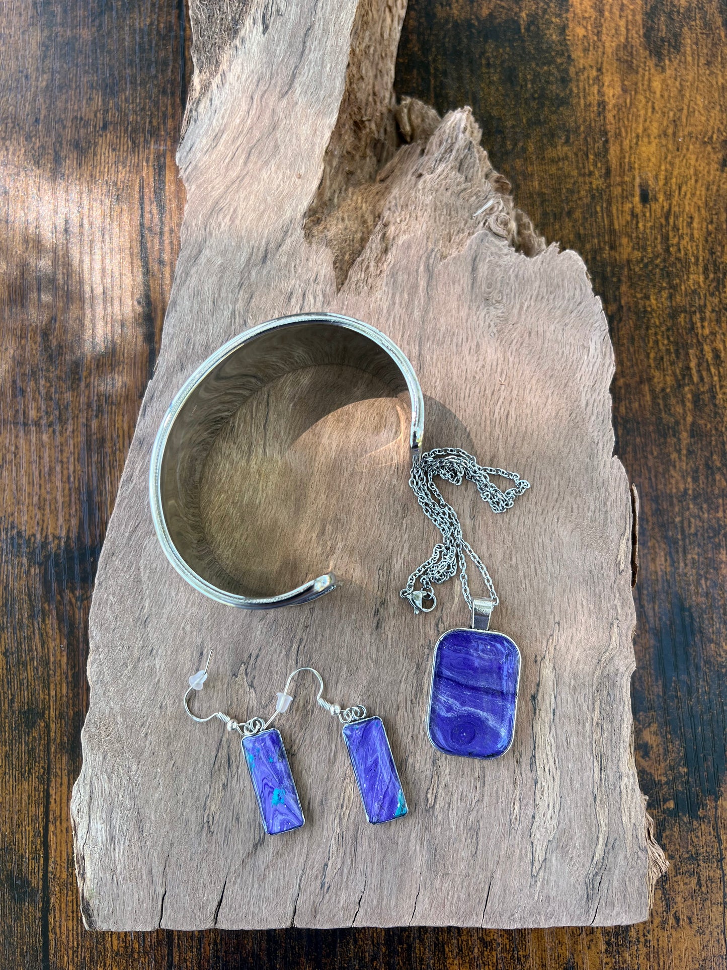 Handcrafted Acrylic and Alcohol Ink Art Jewelry Set - Stainless Steel Earrings, Adjustable Cuff Bracelet, and Pendant - Abstract Purple Swirl Design
