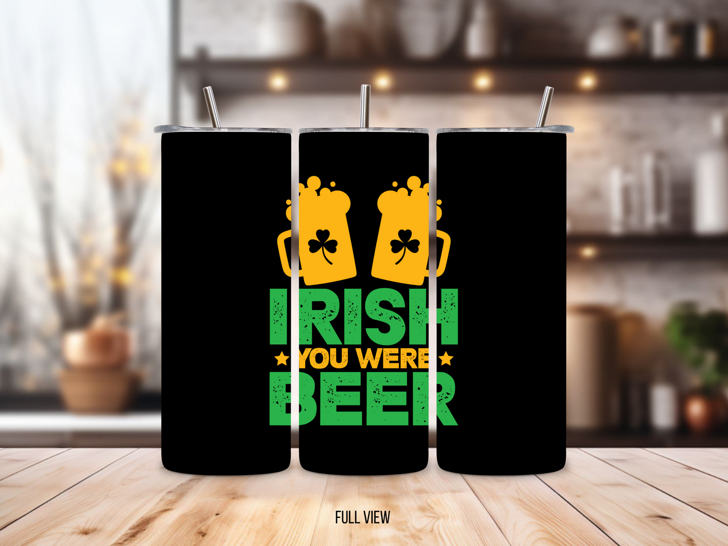 20oz stainless steel tumbler featuring the ‘Irish You Were Beer’ design with beer mugs and shamrocks. Sized for Starbucks Venti drinks, it offers double-wall insulation to keep beverages hot for up to 6 hours and cold for up to 12 hours. Includes a spill-resistant lid and straw. Eco-friendly and reusable. Actual product color may vary from the images shown.