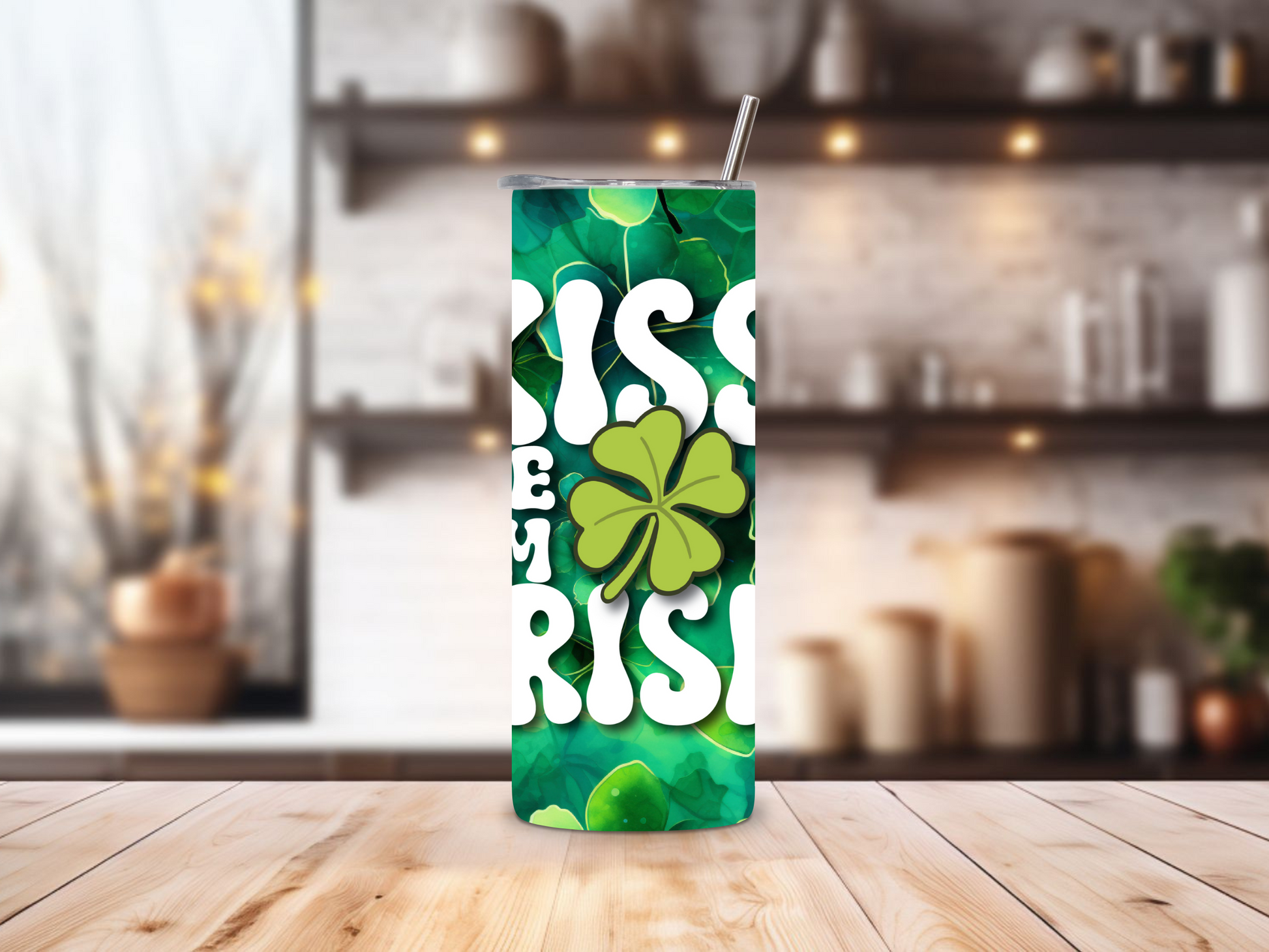 20oz stainless steel tumbler featuring a vibrant ‘Kiss Me I’m Irish’ design with shamrocks. Sized for Starbucks Venti drinks, it offers double-wall insulation to keep beverages hot for up to 6 hours and cold for up to 12 hours. Includes a spill-resistant lid and straw. Eco-friendly and reusable. Actual product color may vary from the images shown.