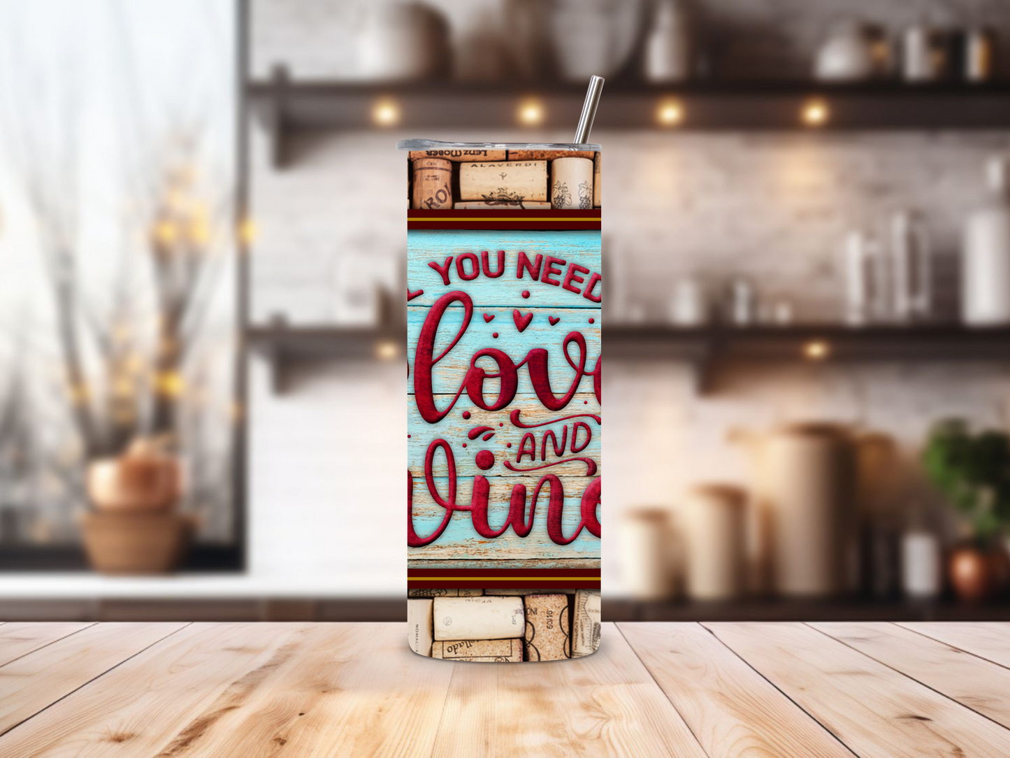 Love & Wine 20oz Stainless Steel Tumbler for Starbucks Venti | Double-Wall Insulated for Hot & Cold Beverages | Wine Lover’s Drinkware with Straw | Rustic Cork & Wine Design