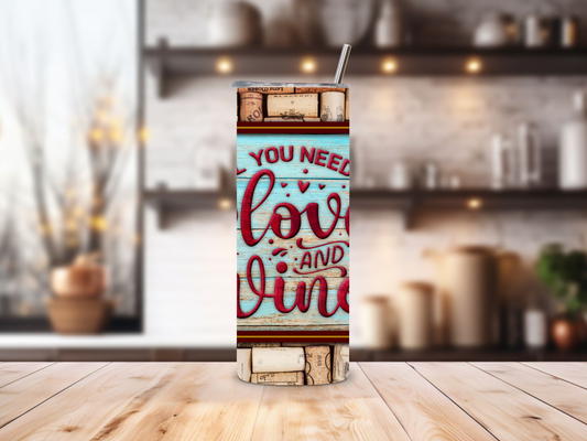 Love & Wine 20oz Stainless Steel Tumbler for Starbucks Venti | Double-Wall Insulated for Hot & Cold Beverages | Wine Lover’s Drinkware with Straw | Rustic Cork & Wine Design