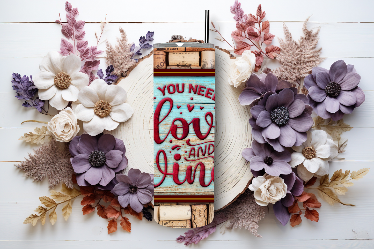 Love & Wine 20oz Stainless Steel Tumbler for Starbucks Venti | Double-Wall Insulated for Hot & Cold Beverages | Wine Lover’s Drinkware with Straw | Rustic Cork & Wine Design