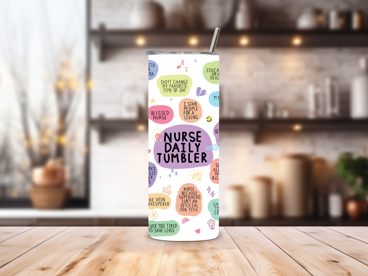 20oz stainless steel tumbler featuring a vibrant ‘Nurse Daily’ design with colorful nursing quotes. Sized for Starbucks Venti drinks, it offers double-wall insulation to keep beverages hot for up to 6 hours and cold for up to 12 hours. Includes a spill-resistant lid and straw. Eco-friendly and reusable. Actual product color may vary from the images shown.
