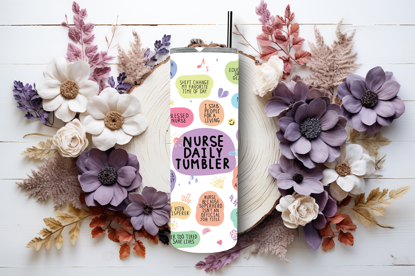 20oz stainless steel tumbler featuring a vibrant ‘Nurse Daily’ design with colorful nursing quotes. Sized for Starbucks Venti drinks, it offers double-wall insulation to keep beverages hot for up to 6 hours and cold for up to 12 hours. Includes a spill-resistant lid and straw. Eco-friendly and reusable. Actual product color may vary from the images shown.