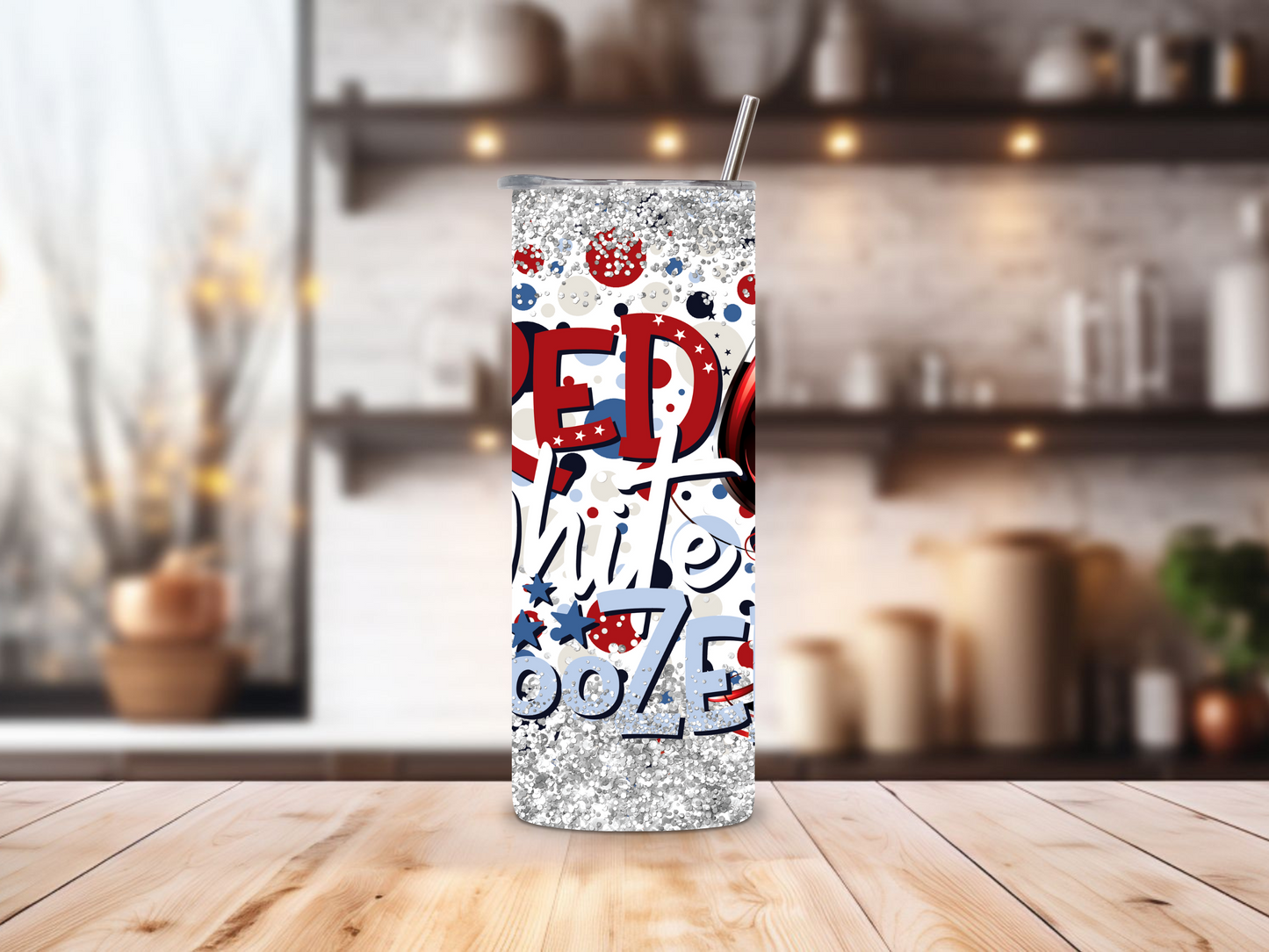20oz stainless steel tumbler featuring a fun ‘Red White Boozed’ design with patriotic red, white, and blue colors, fireworks, and wine glass accents. Sized for Starbucks Venti drinks, it offers double-wall insulation to keep beverages hot for up to 6 hours and cold for up to 12 hours. Includes a spill-resistant lid and straw. Eco-friendly and reusable. Actual product color may vary from the images shown.​
