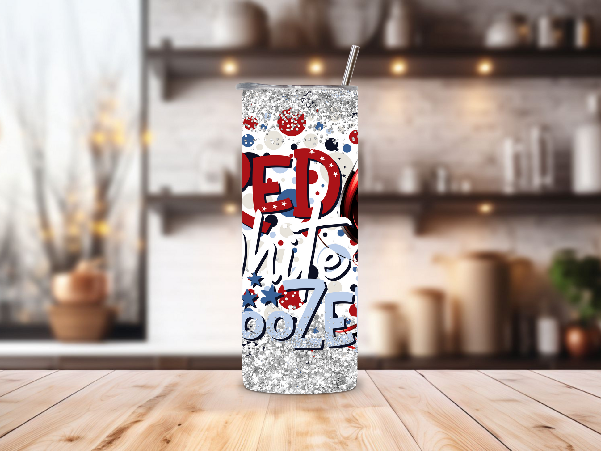 20oz stainless steel tumbler featuring a fun ‘Red White Boozed’ design with patriotic red, white, and blue colors, fireworks, and wine glass accents. Sized for Starbucks Venti drinks, it offers double-wall insulation to keep beverages hot for up to 6 hours and cold for up to 12 hours. Includes a spill-resistant lid and straw. Eco-friendly and reusable. Actual product color may vary from the images shown.​