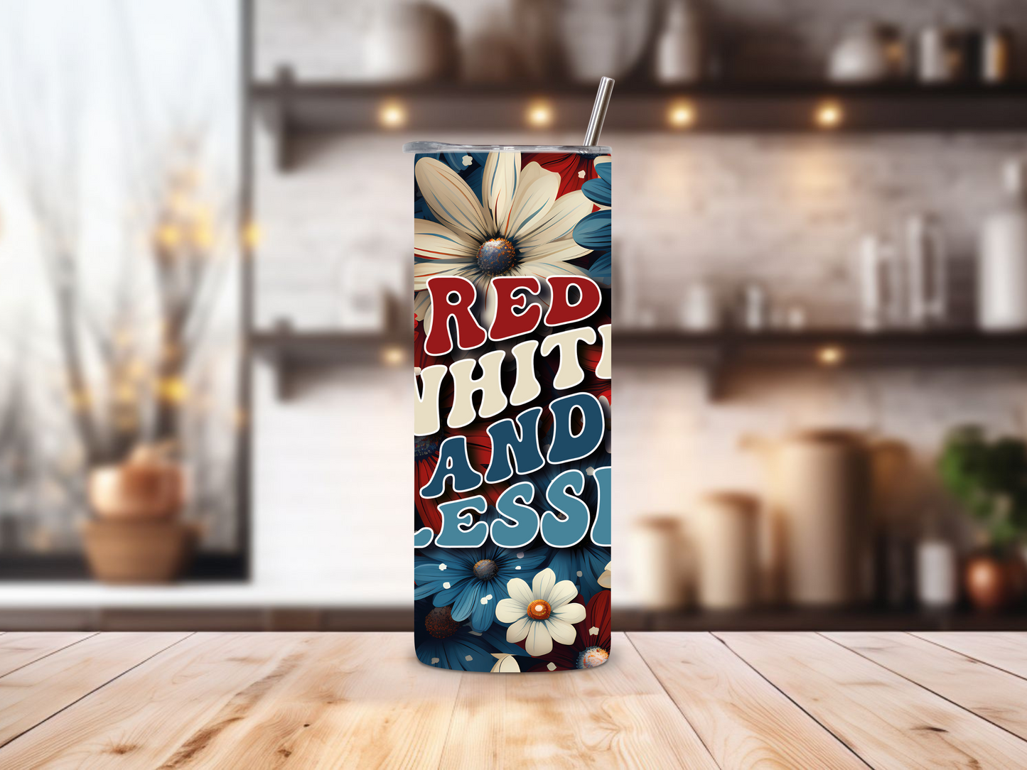 20oz stainless steel tumbler featuring a patriotic ‘Red White and Blessed’ design with red, white, and blue floral accents. Sized for Starbucks Venti drinks, it offers double-wall insulation to keep beverages hot for up to 6 hours and cold for up to 12 hours. Includes a spill-resistant lid and straw. Eco-friendly and reusable. Actual product color may vary from the images shown.