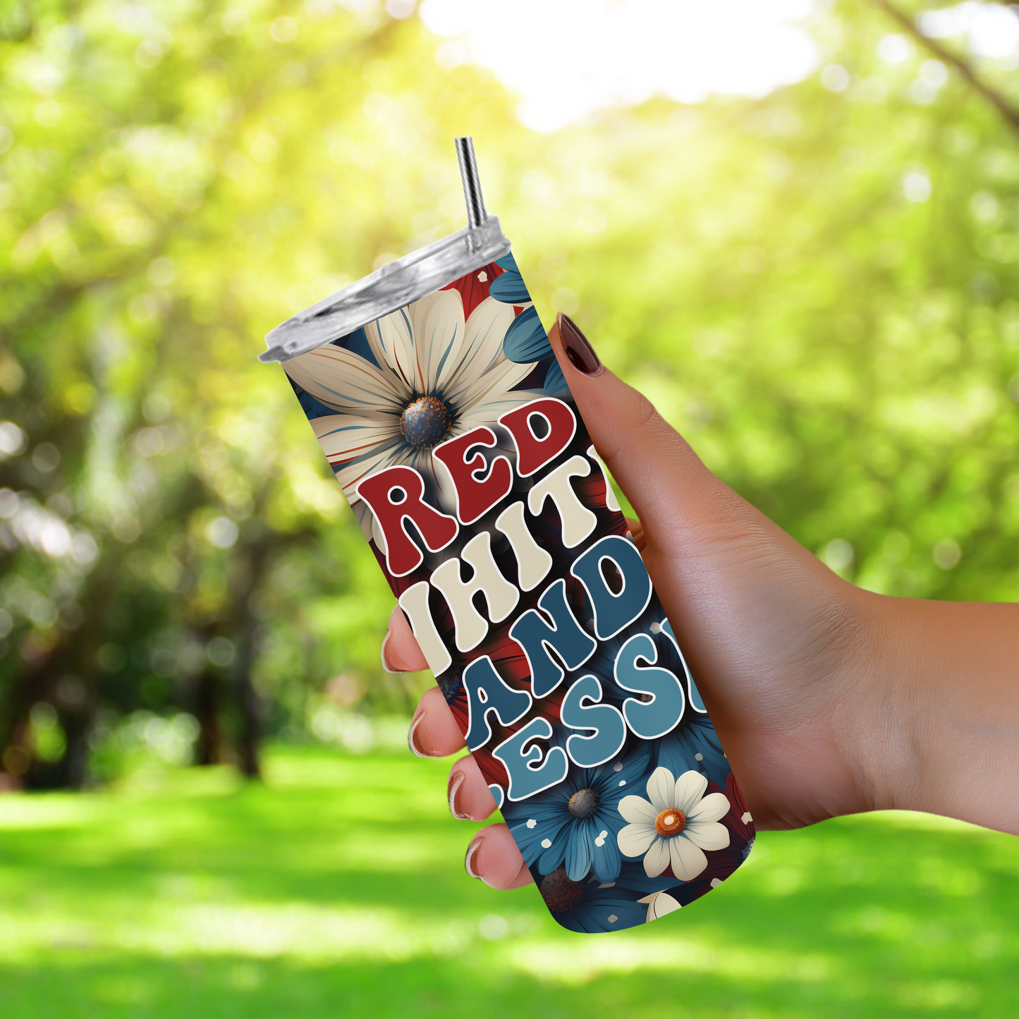 20oz stainless steel tumbler featuring a patriotic ‘Red White and Blessed’ design with red, white, and blue floral accents. Sized for Starbucks Venti drinks, it offers double-wall insulation to keep beverages hot for up to 6 hours and cold for up to 12 hours. Includes a spill-resistant lid and straw. Eco-friendly and reusable. Actual product color may vary from the images shown.