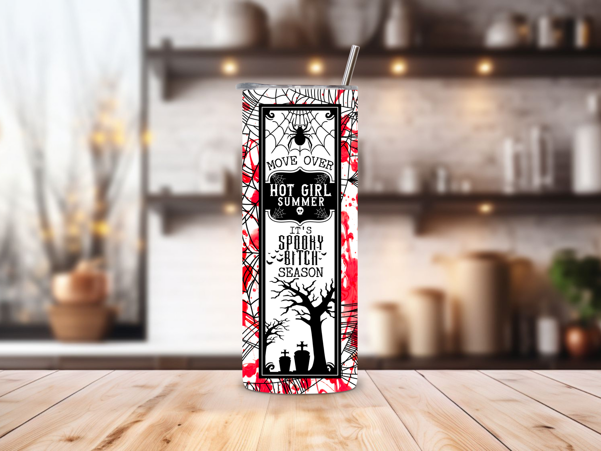 20oz stainless steel tumbler featuring a bold ‘Spooky Bitch Season’ design with blood splatters, spider webs, and Halloween-themed accents. Perfectly sized for Starbucks Venti drinks, it offers double-wall insulation to keep beverages hot for up to 6 hours and cold for up to 12 hours. Comes with a spill-resistant lid and straw. Eco-friendly and reusable. Actual product color may vary from the images shown.