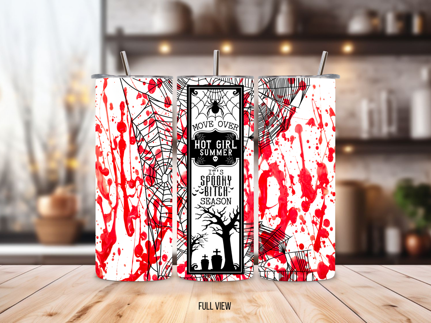 20oz stainless steel tumbler featuring a bold ‘Spooky Bitch Season’ design with blood splatters, spider webs, and Halloween-themed accents. Perfectly sized for Starbucks Venti drinks, it offers double-wall insulation to keep beverages hot for up to 6 hours and cold for up to 12 hours. Comes with a spill-resistant lid and straw. Eco-friendly and reusable. Actual product color may vary from the images shown.