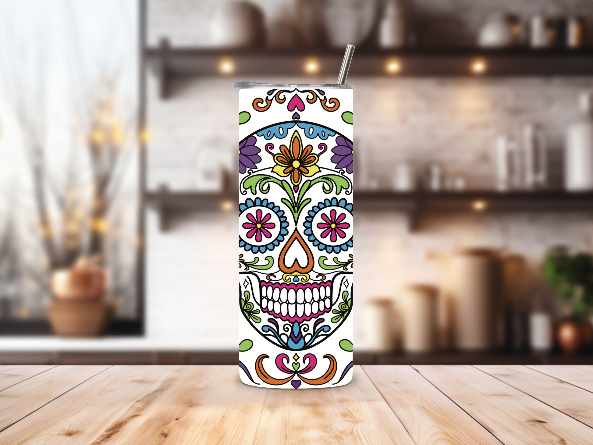 20oz stainless steel tumbler featuring a vibrant ‘Sugar Skull’ design with colorful floral patterns. Sized for Starbucks Venti drinks, it offers double-wall insulation to keep beverages hot for up to 6 hours and cold for up to 12 hours. Comes with a spill-resistant lid and straw. Eco-friendly and reusable. Actual product color may vary from the images shown.
