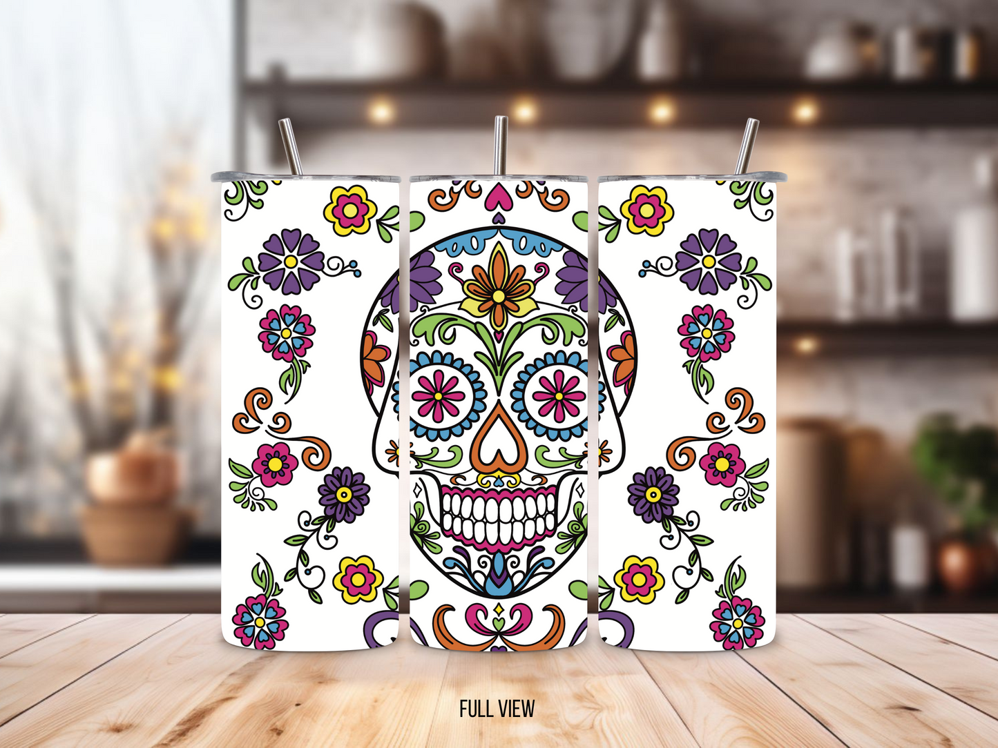 20oz stainless steel tumbler featuring a vibrant ‘Sugar Skull’ design with colorful floral patterns. Sized for Starbucks Venti drinks, it offers double-wall insulation to keep beverages hot for up to 6 hours and cold for up to 12 hours. Comes with a spill-resistant lid and straw. Eco-friendly and reusable. Actual product color may vary from the images shown.