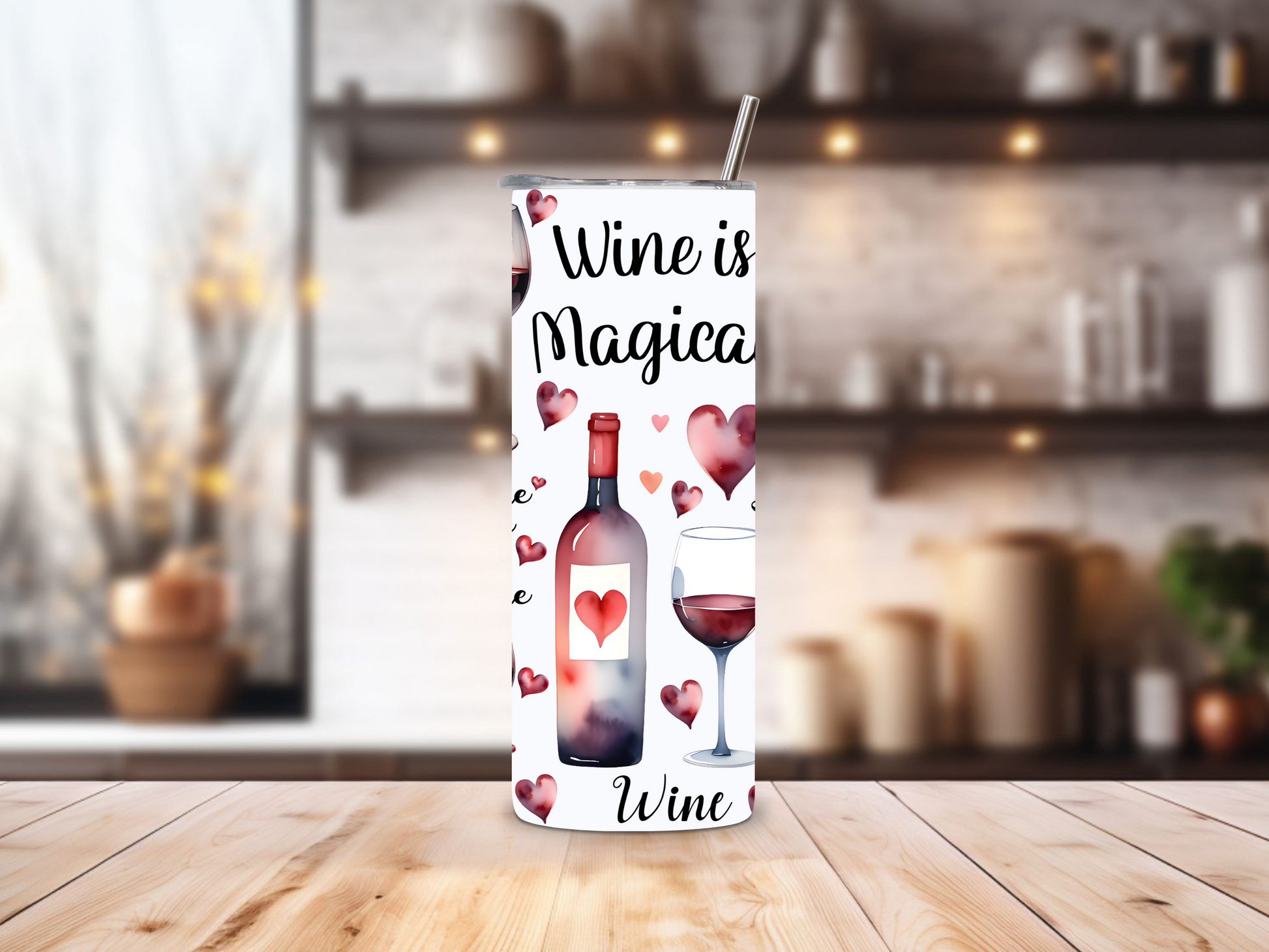 20oz stainless steel tumbler featuring a charming ‘Wine is Magical’ design with wine bottles, glasses, and heart motifs. Sized for Starbucks Venti drinks, it offers double-wall insulation to keep beverages hot for up to 6 hours and cold for up to 12 hours. Comes with a spill-resistant lid and straw. Eco-friendly and reusable. Actual product color may vary from the images shown.