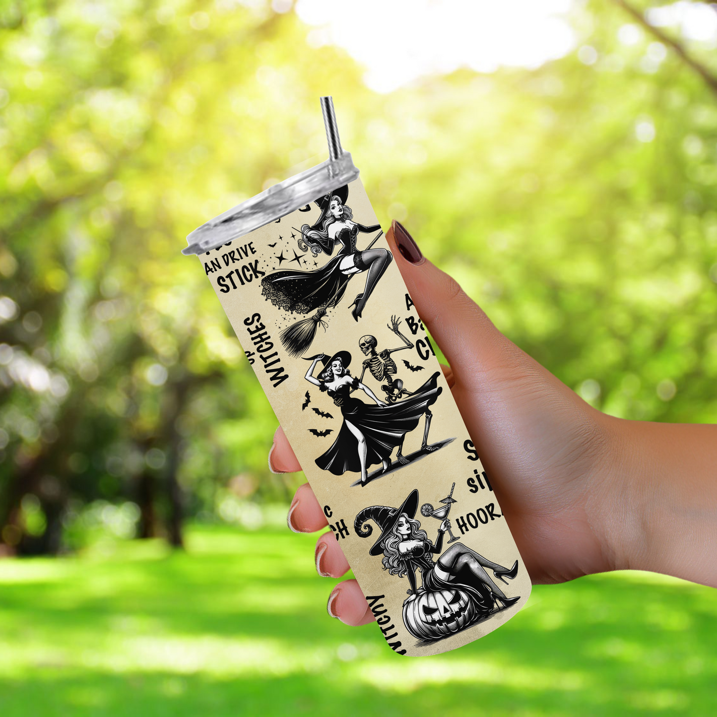20oz stainless steel tumbler featuring a fun ‘Witchy Vibes’ design with playful witch illustrations and Halloween-themed quotes. Sized for Starbucks Venti drinks, it offers double-wall insulation to keep beverages hot for up to 6 hours and cold for up to 12 hours. Comes with a spill-resistant lid and straw. Eco-friendly and reusable. Actual product color may vary from the images shown.