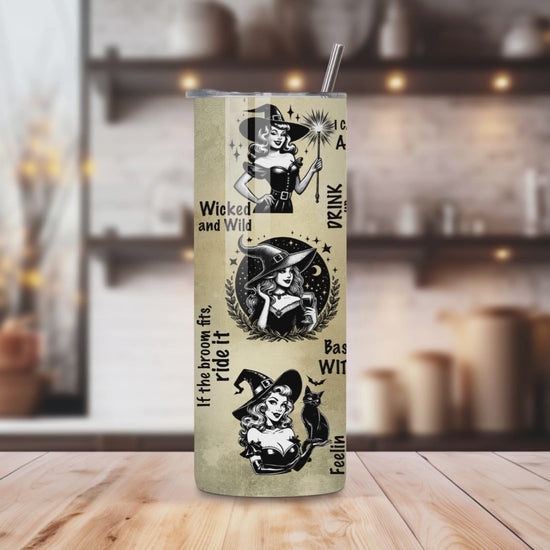 20oz stainless steel tumbler featuring a fun ‘Witchy Vibes’ design with playful witch illustrations and Halloween-themed quotes. Sized for Starbucks Venti drinks, it offers double-wall insulation to keep beverages hot for up to 6 hours and cold for up to 12 hours. Comes with a spill-resistant lid and straw. Eco-friendly and reusable. Actual product color may vary from the images shown.