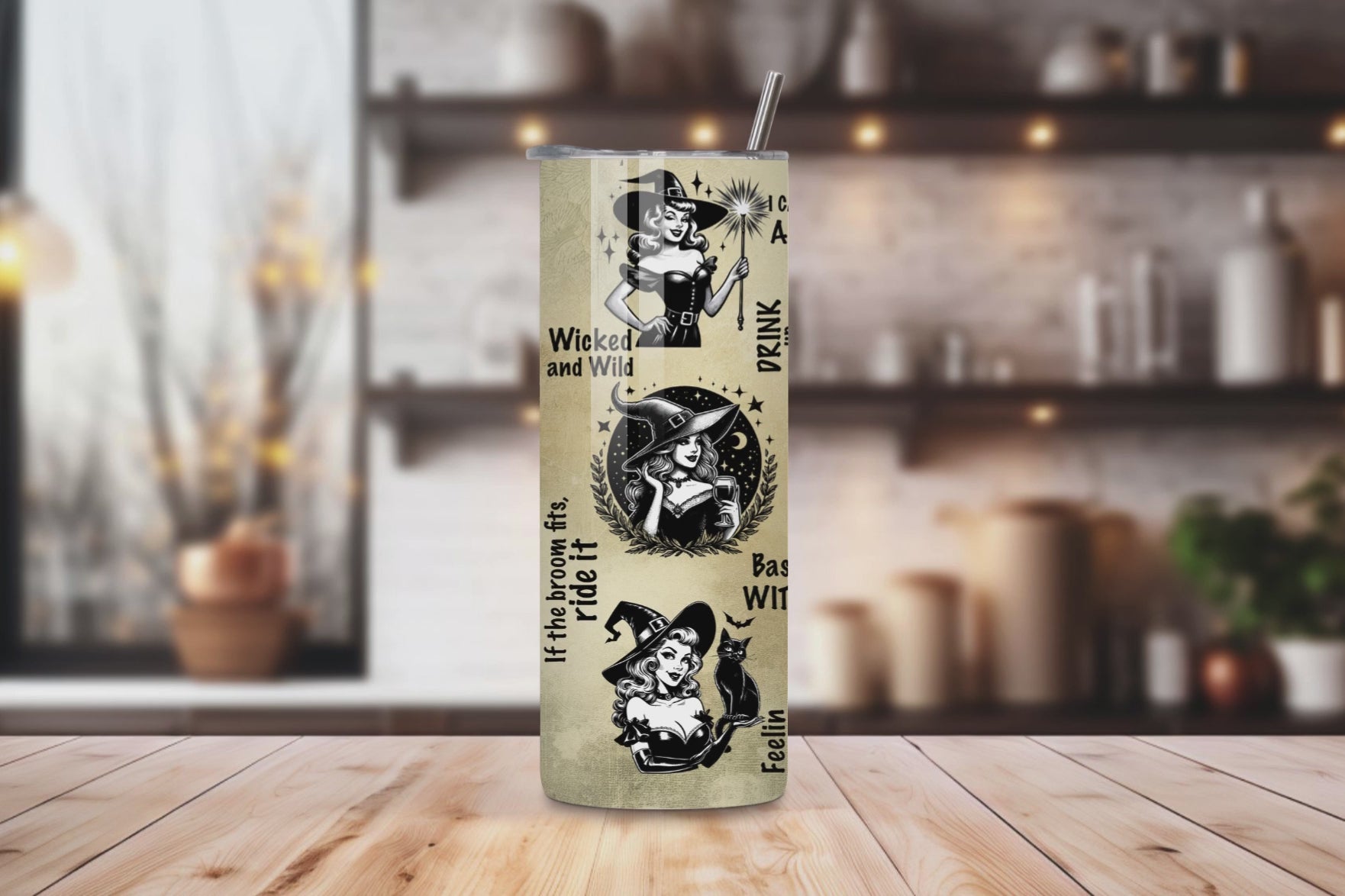 20oz stainless steel tumbler featuring a fun ‘Witchy Vibes’ design with playful witch illustrations and Halloween-themed quotes. Sized for Starbucks Venti drinks, it offers double-wall insulation to keep beverages hot for up to 6 hours and cold for up to 12 hours. Comes with a spill-resistant lid and straw. Eco-friendly and reusable. Actual product color may vary from the images shown.
