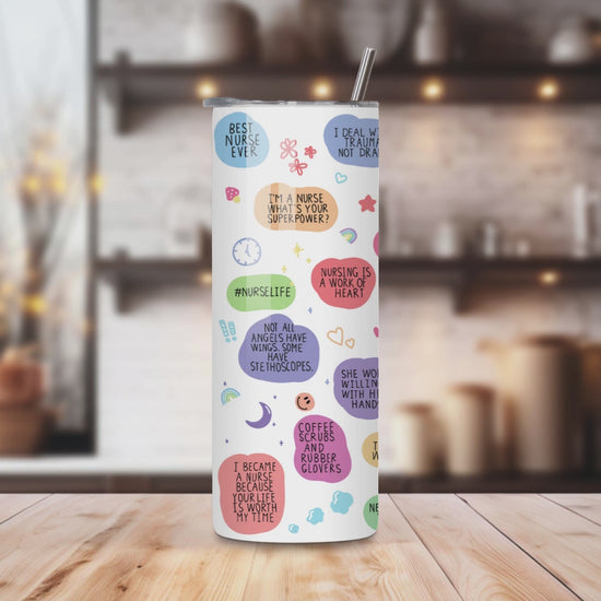 20oz stainless steel tumbler featuring a vibrant ‘Nurse Daily’ design with colorful nursing quotes. Sized for Starbucks Venti drinks, it offers double-wall insulation to keep beverages hot for up to 6 hours and cold for up to 12 hours. Includes a spill-resistant lid and straw. Eco-friendly and reusable. Actual product color may vary from the images shown.