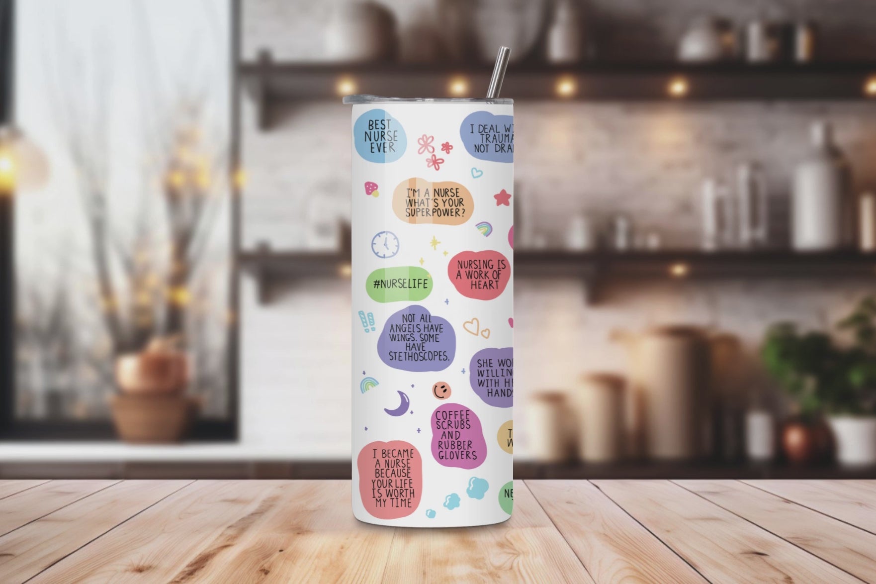 20oz stainless steel tumbler featuring a vibrant ‘Nurse Daily’ design with colorful nursing quotes. Sized for Starbucks Venti drinks, it offers double-wall insulation to keep beverages hot for up to 6 hours and cold for up to 12 hours. Includes a spill-resistant lid and straw. Eco-friendly and reusable. Actual product color may vary from the images shown.