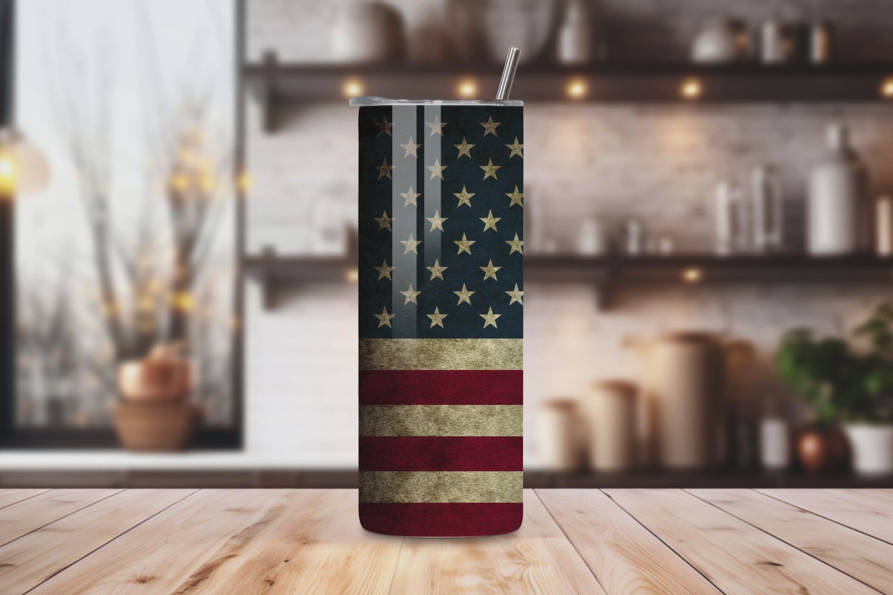 20oz stainless steel tumbler with a vintage American Flag design, perfectly sized for Starbucks Venti drinks. Features double-wall insulation to keep beverages hot for up to 6 hours and cold for up to 12 hours. Includes a spill-resistant lid and straw, ideal for travel. Eco-friendly, reusable, and easy to clean. Actual product color may vary from the images shown.