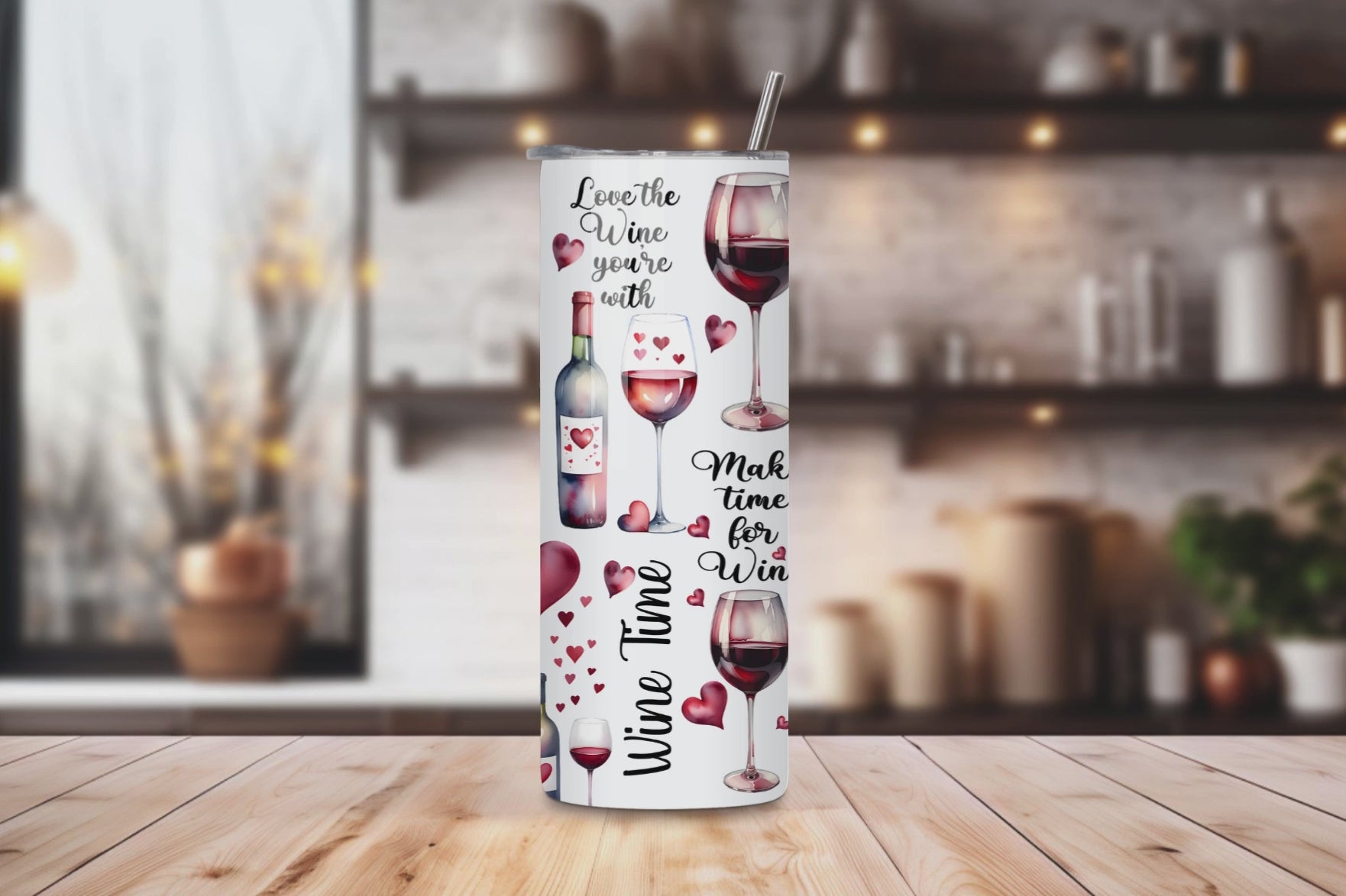 20oz stainless steel tumbler featuring a charming ‘Wine is Magical’ design with wine bottles, glasses, and heart motifs. Sized for Starbucks Venti drinks, it offers double-wall insulation to keep beverages hot for up to 6 hours and cold for up to 12 hours. Comes with a spill-resistant lid and straw. Eco-friendly and reusable. Actual product color may vary from the images shown.