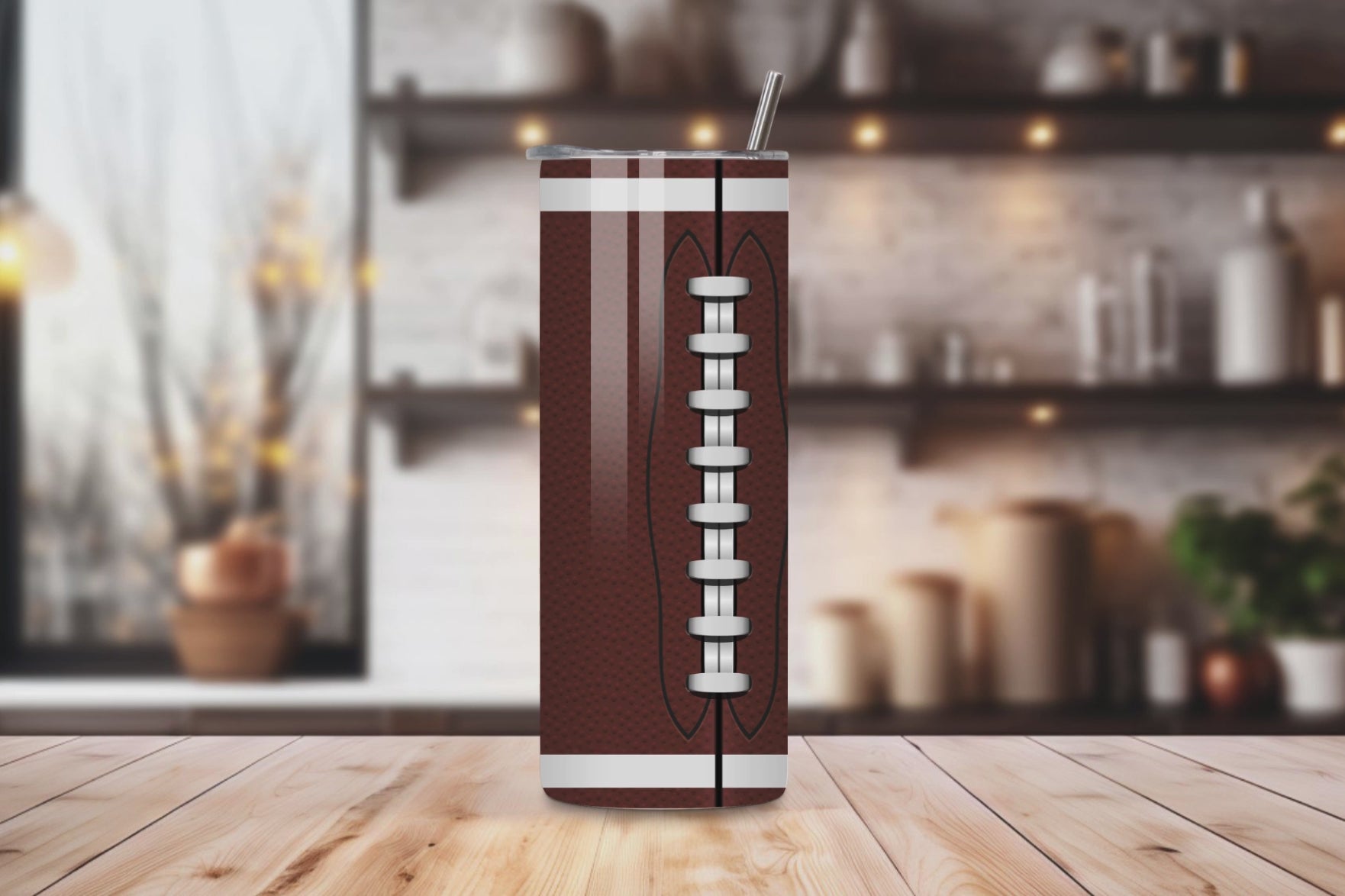 20oz stainless steel tumbler with a classic football design, sized for Starbucks Venti drinks. Features double-wall insulation to keep beverages hot for up to 6 hours and cold for up to 12 hours. Includes a spill-resistant lid and straw, perfect for eco-friendly, reusable use. Actual product color may vary from the images shown.