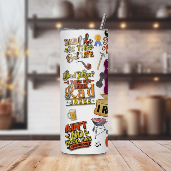 20oz stainless steel tumbler with a fun Father’s Day design, sized for Starbucks Venti drinks. Features playful dad-themed quotes and illustrations with double-wall insulation to keep beverages hot for up to 6 hours and cold for up to 12 hours. Comes with a spill-resistant lid and straw. Eco-friendly and reusable. Actual product color may vary from the images shown.