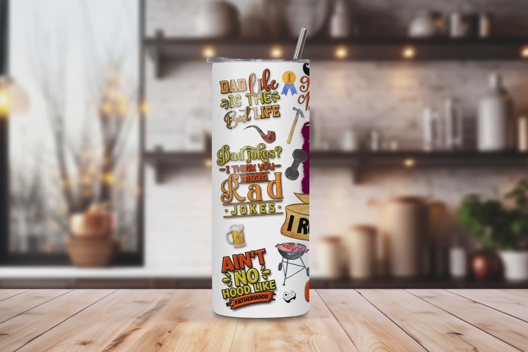 20oz stainless steel tumbler with a fun Father’s Day design, sized for Starbucks Venti drinks. Features playful dad-themed quotes and illustrations with double-wall insulation to keep beverages hot for up to 6 hours and cold for up to 12 hours. Comes with a spill-resistant lid and straw. Eco-friendly and reusable. Actual product color may vary from the images shown.